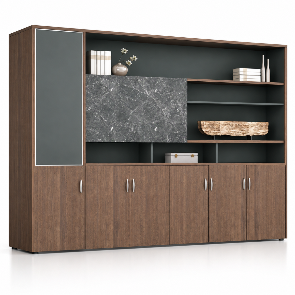 Modern Executive Office Back Cabinet with Open Display Shelves, Closed Storage, Marble Accent and Wood Finish for Workspace