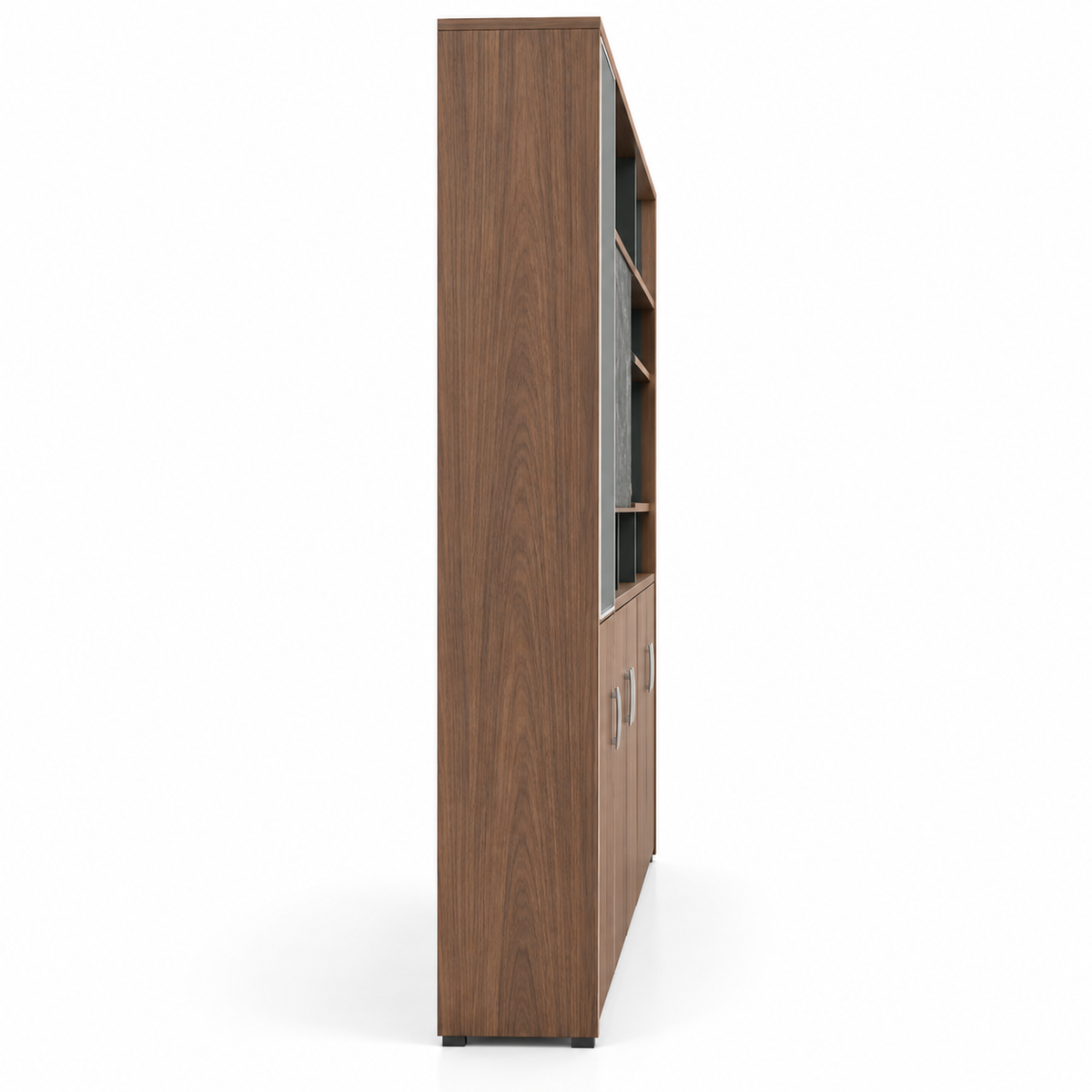 Modern Executive Office Back Cabinet with Open Display Shelves, Closed Storage, Marble Accent and Wood Finish for Workspace
