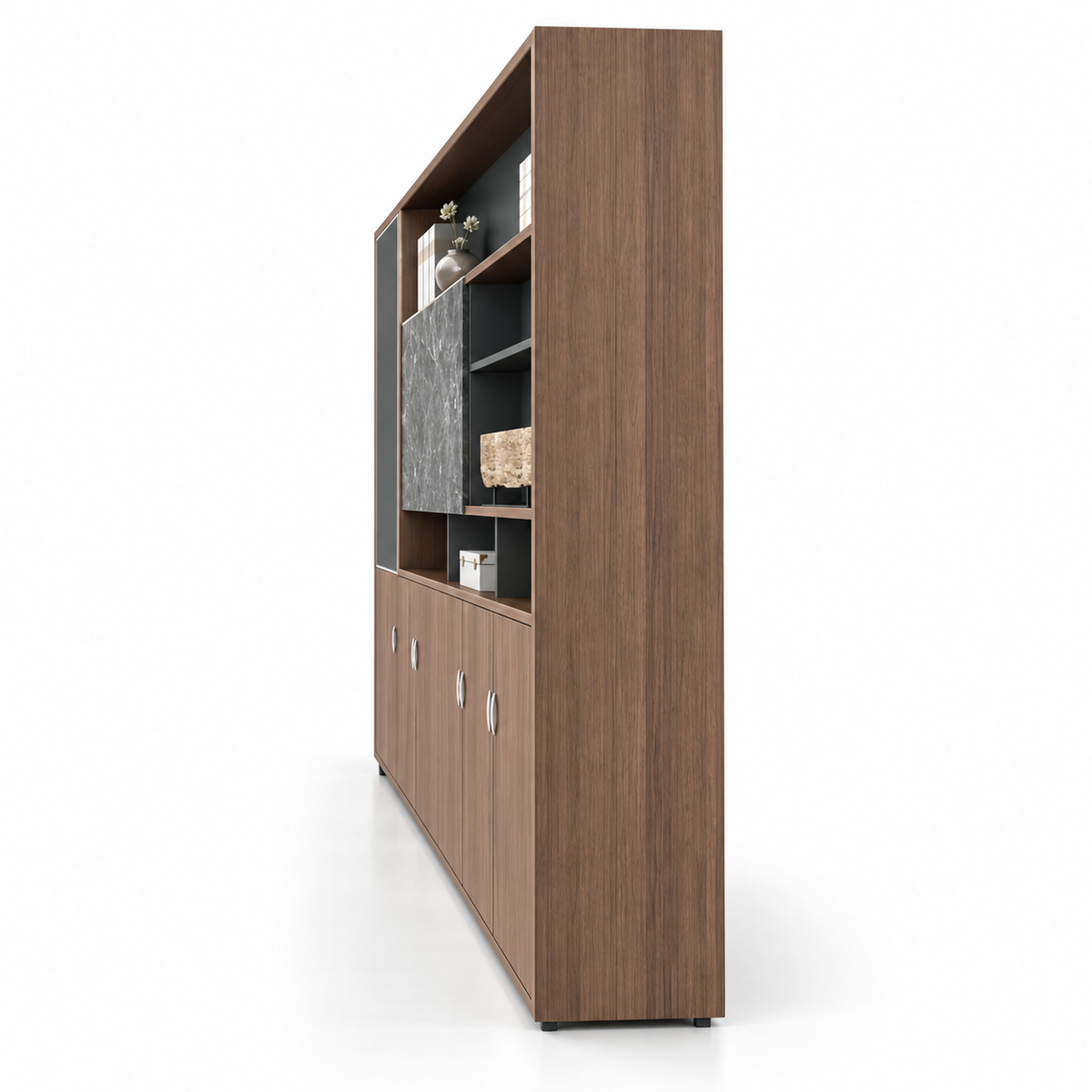 Modern Executive Office Back Cabinet with Open Display Shelves, Closed Storage, Marble Accent and Wood Finish for Workspace