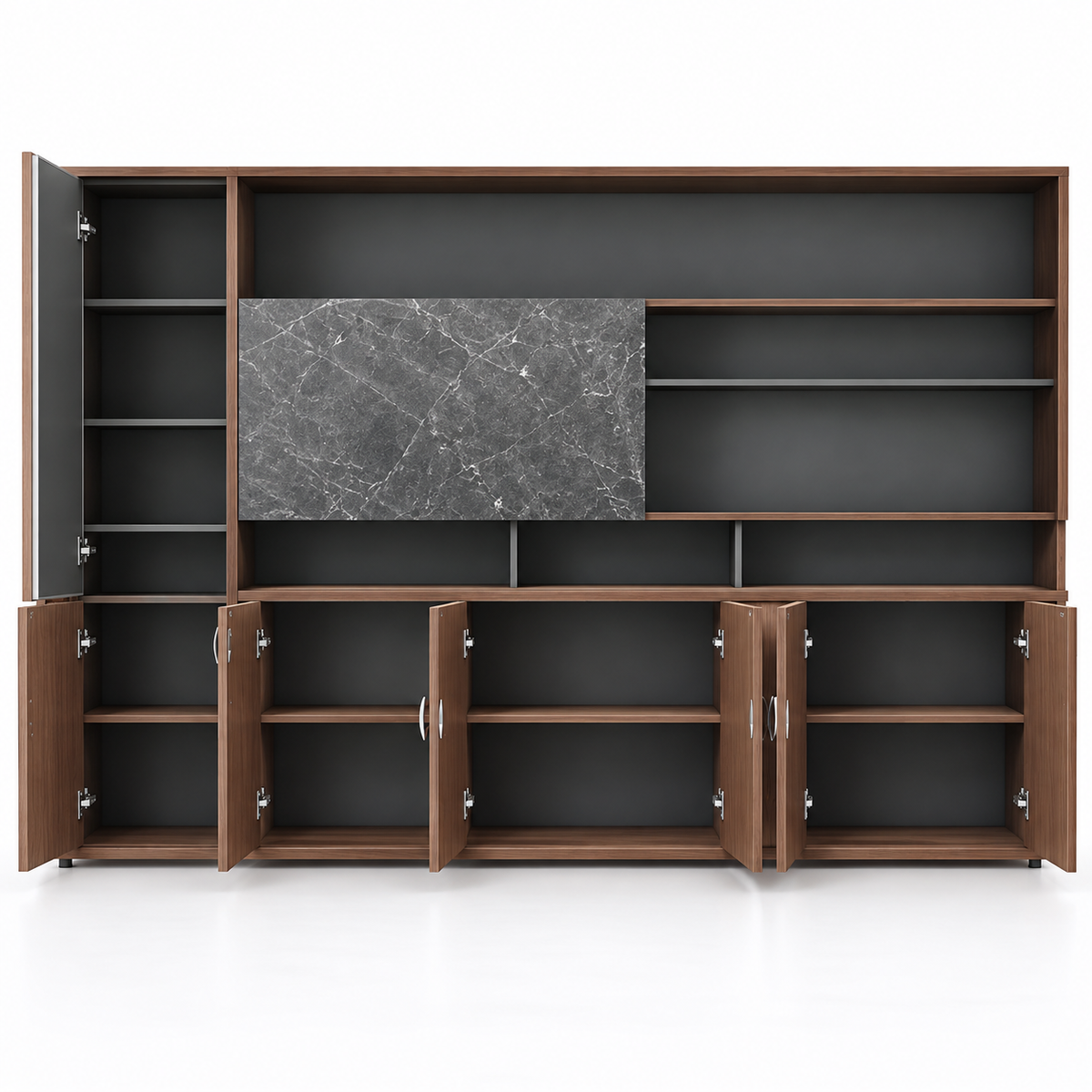 Modern Executive Office Back Cabinet with Open Display Shelves, Closed Storage, Marble Accent and Wood Finish for Workspace