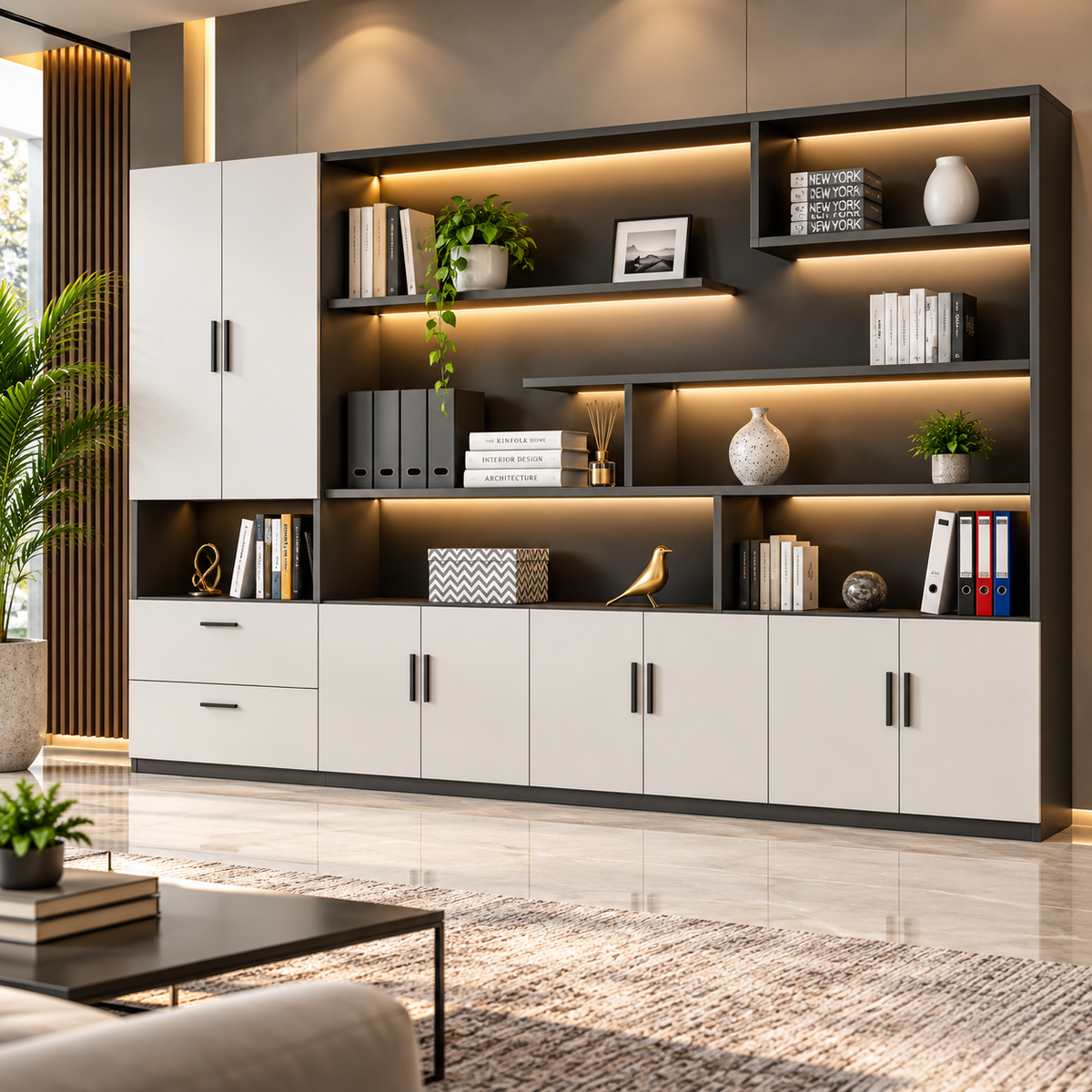Modern Executive Office Back Cabinet with Open Display Shelves, Closed Storage, Drawers and Dual-Tone Design for Workspace