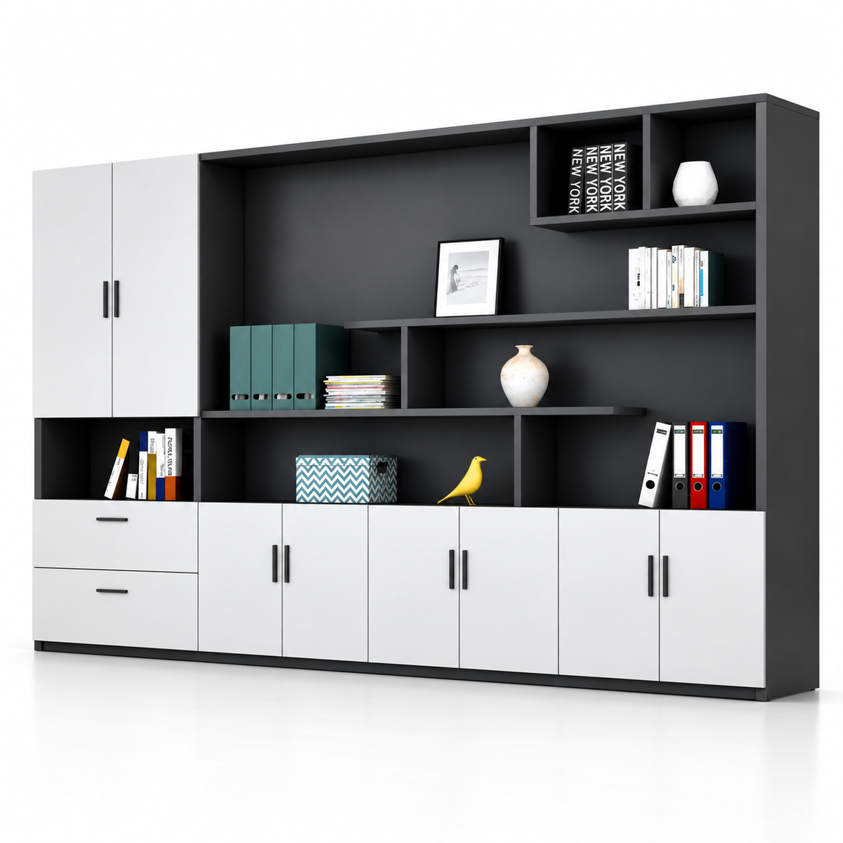 Modern Executive Office Back Cabinet with Open Display Shelves, Closed Storage, Drawers and Dual-Tone Design for Workspace