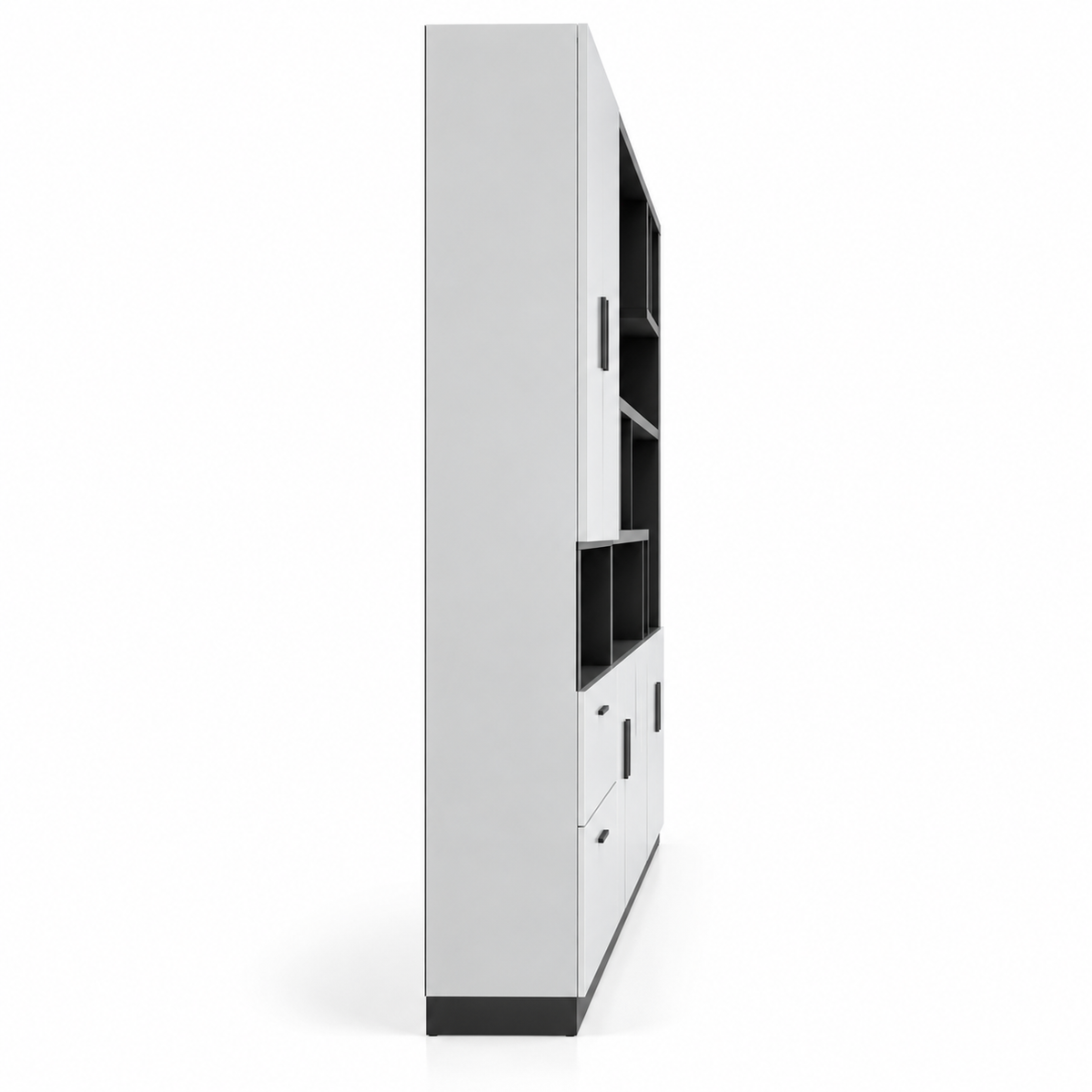 Modern Executive Office Back Cabinet with Open Display Shelves, Closed Storage, Drawers and Dual-Tone Design for Workspace