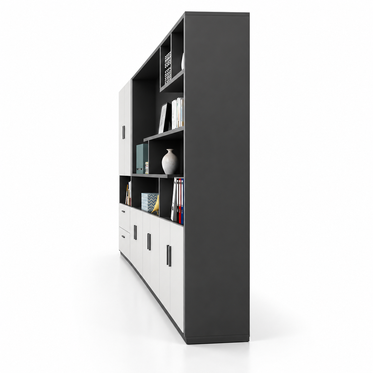 Modern Executive Office Back Cabinet with Open Display Shelves, Closed Storage, Drawers and Dual-Tone Design for Workspace