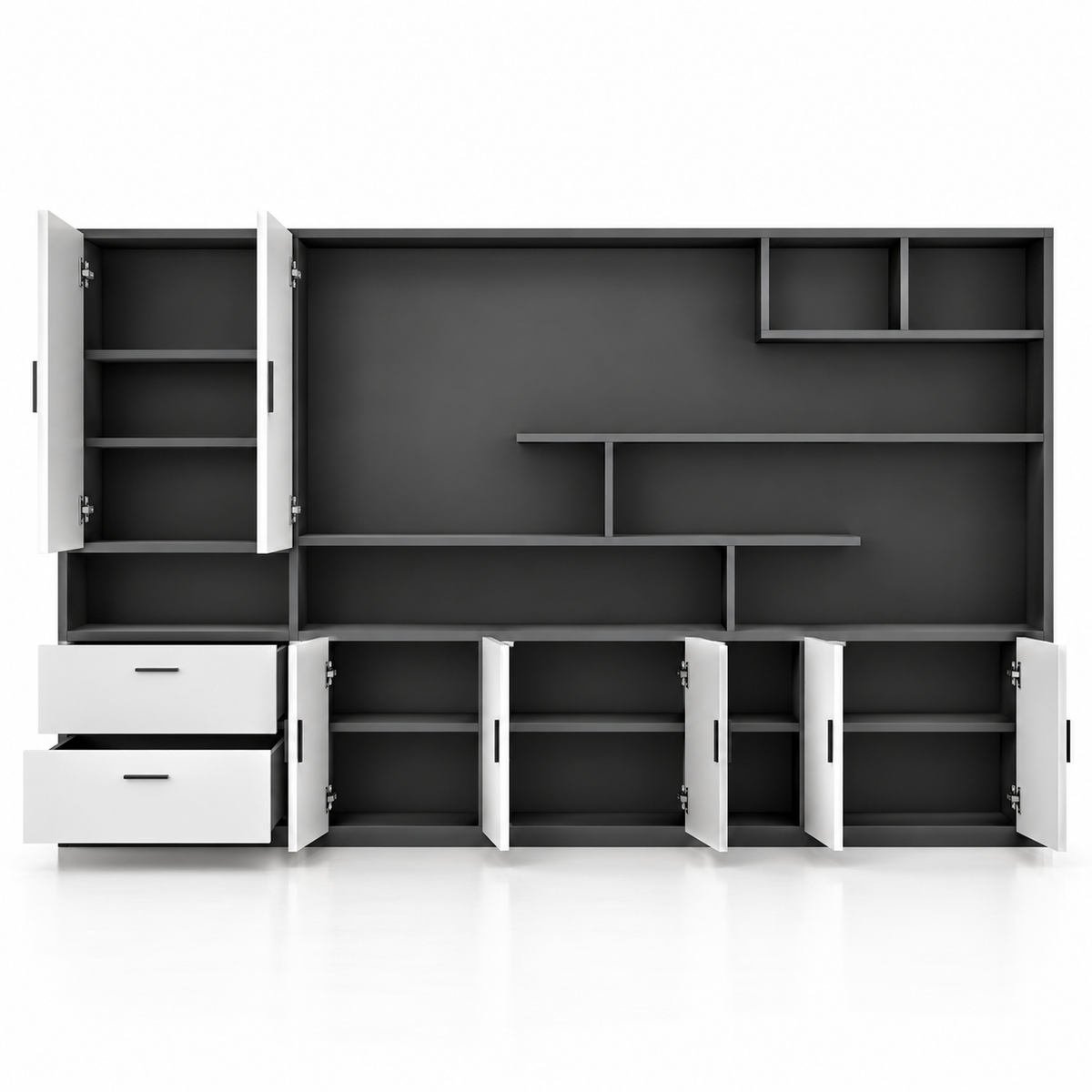 Modern Executive Office Back Cabinet with Open Display Shelves, Closed Storage, Drawers and Dual-Tone Design for Workspace