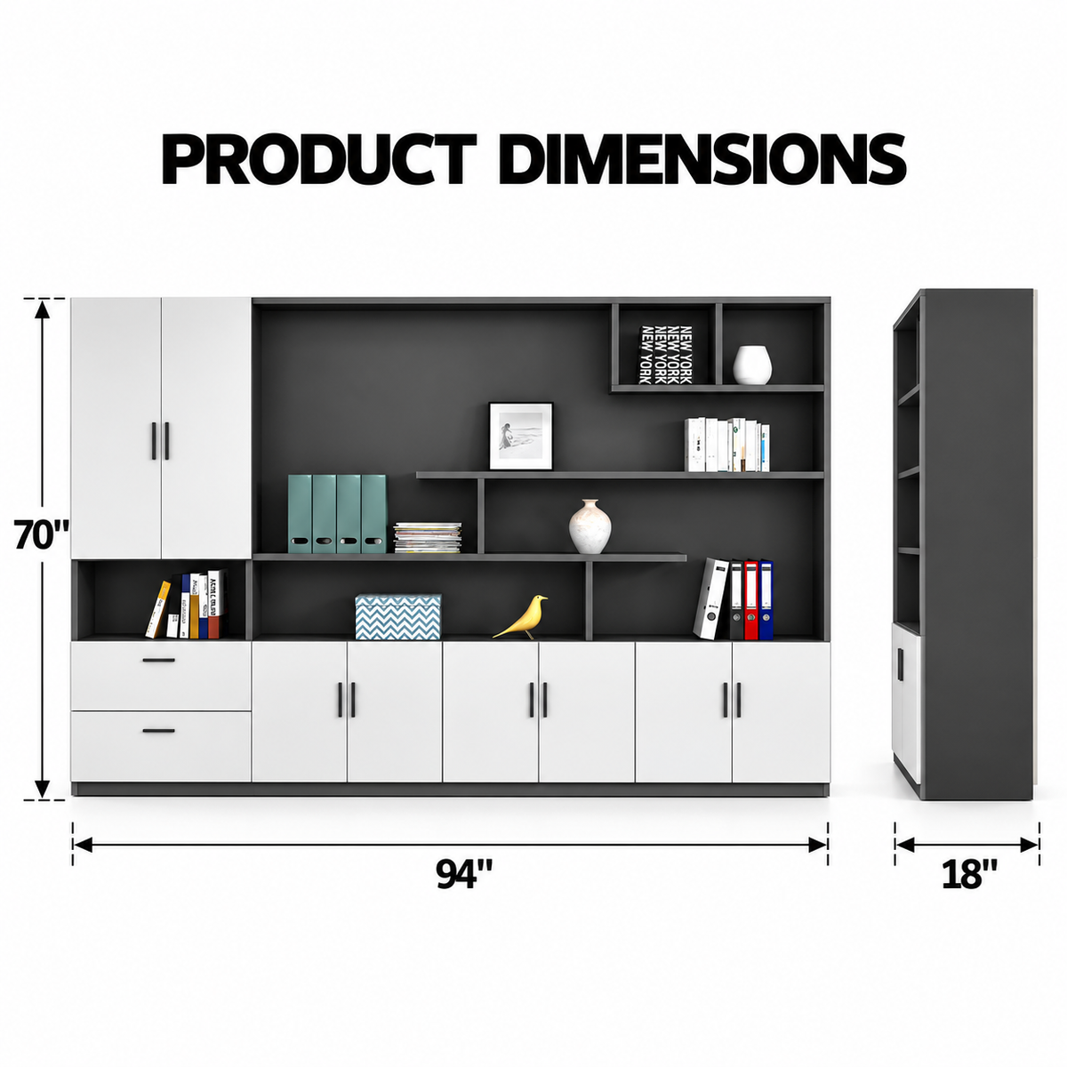 Modern Executive Office Back Cabinet with Open Display Shelves, Closed Storage, Drawers and Dual-Tone Design for Workspace