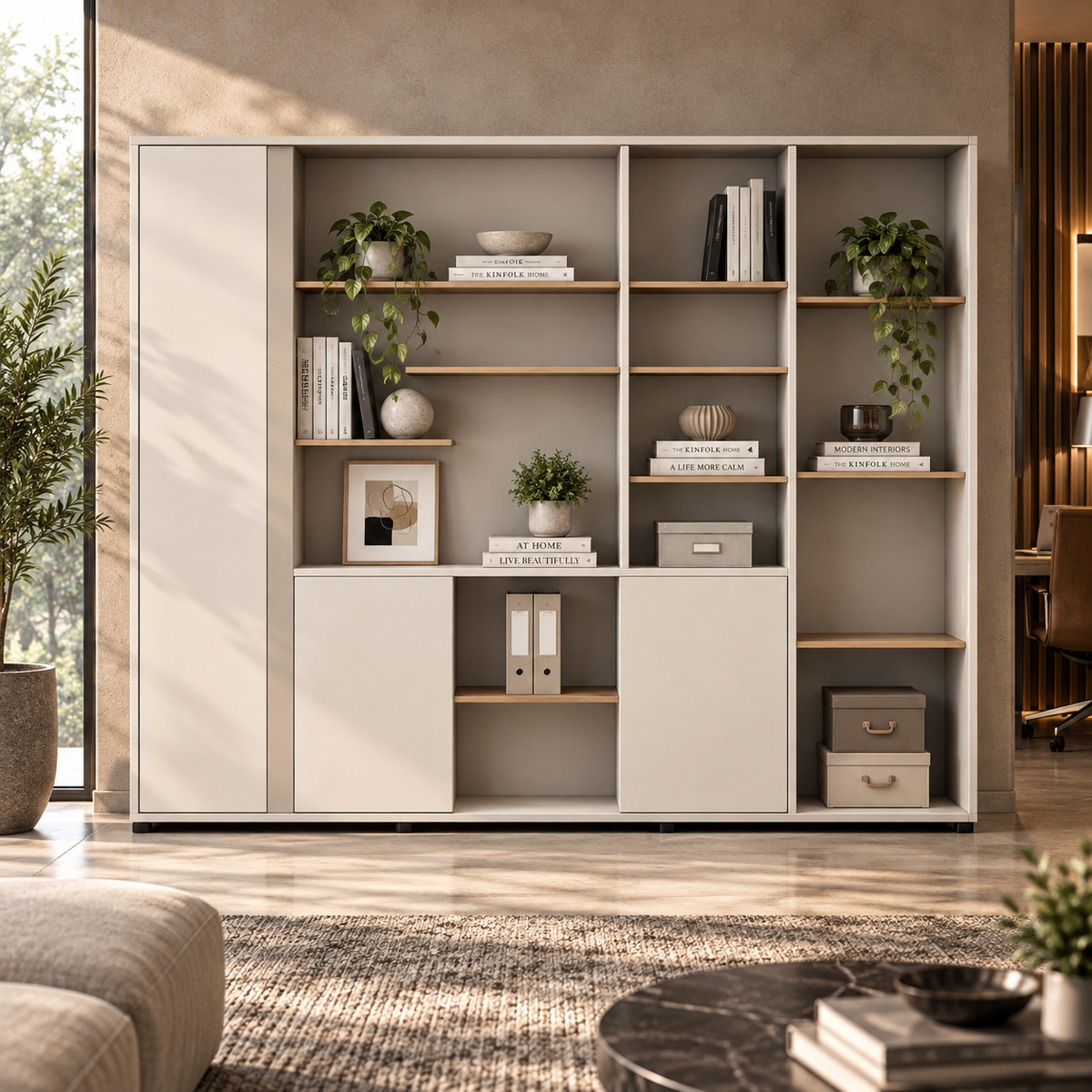 Cabinet with 3 Doors and Open Shelves, Modern File Cabinet for Books, Files, Documents, Office Supplies and Workspace Organization Unit