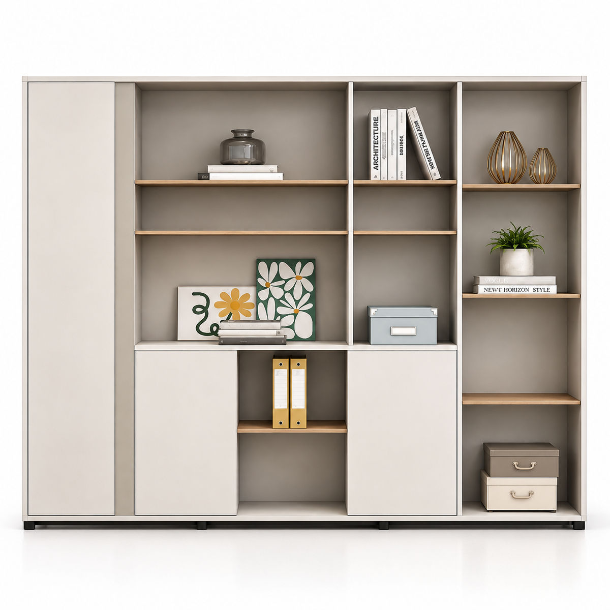 Cabinet with 3 Doors and Open Shelves, Modern File Cabinet for Books, Files, Documents, Office Supplies and Workspace Organization Unit