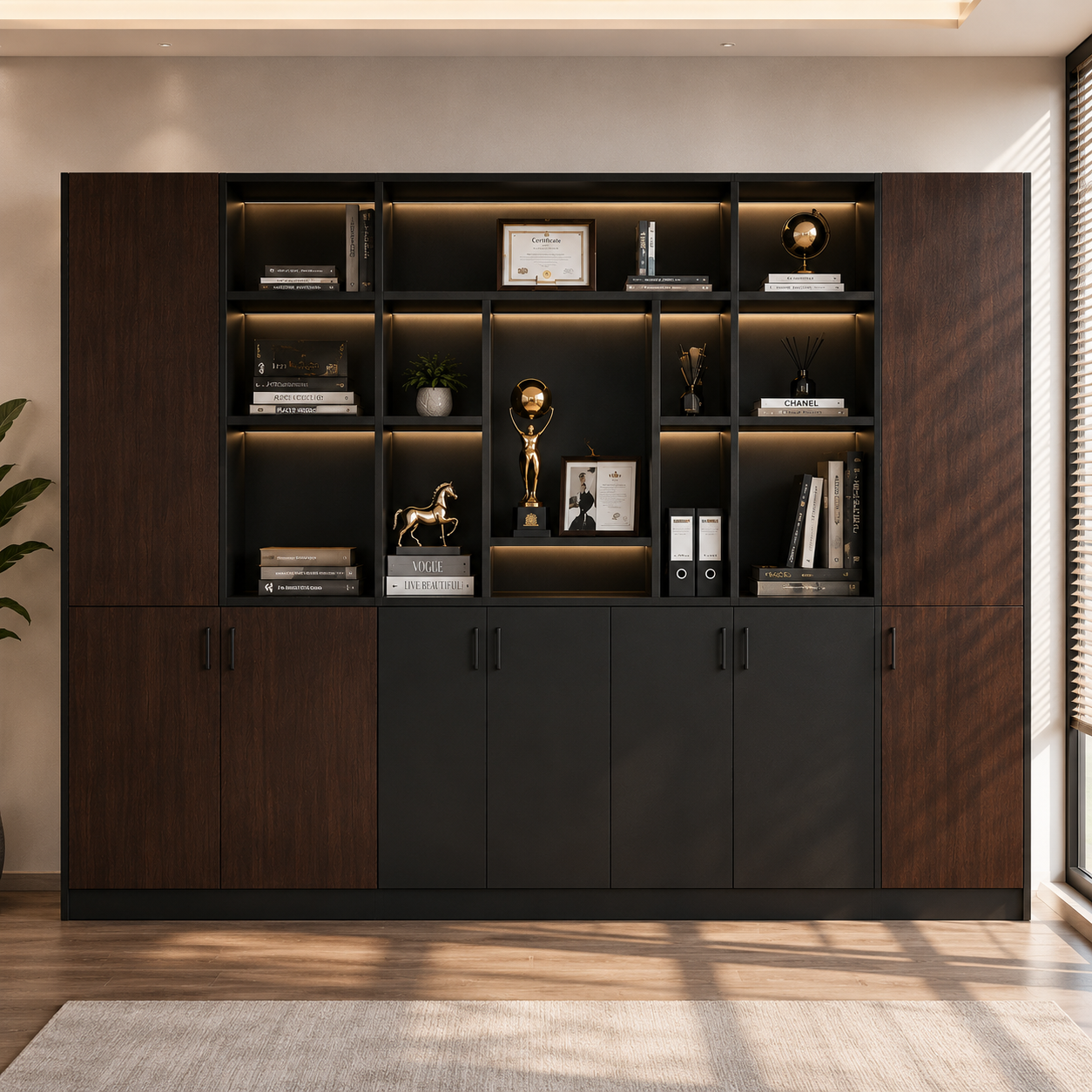 Luxury Office Display Cabinet with Wooden Storage Shelves | Executive File and Back Storage Unit