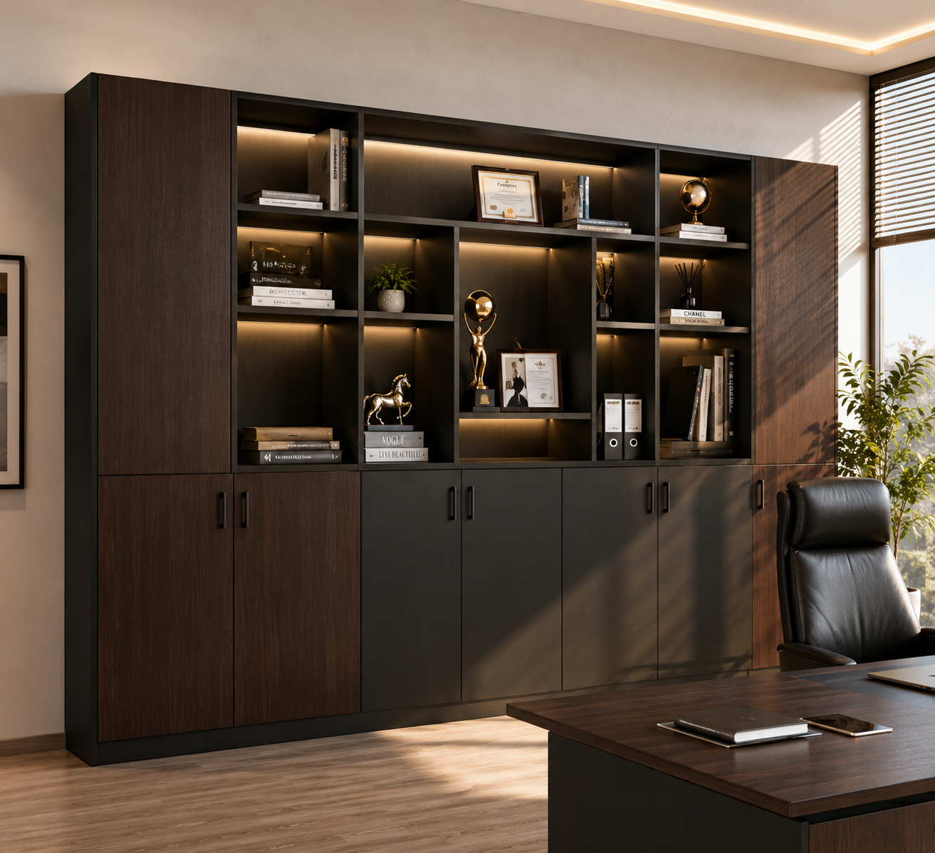 Luxury Office Display Cabinet with Wooden Storage Shelves | Executive File and Back Storage Unit
