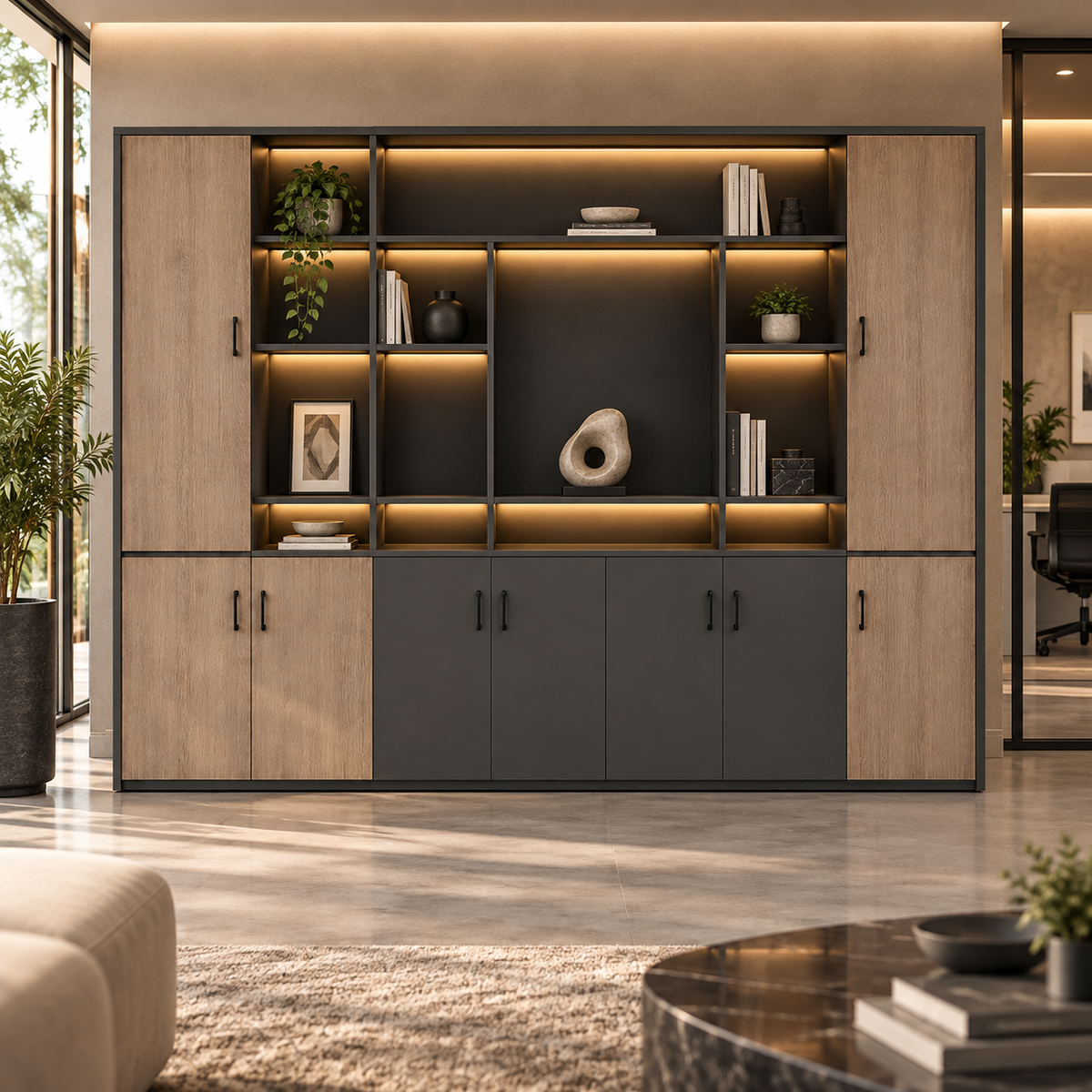 Modern Executive Cabinet with Doors, Open Display Shelves and Large File Storage, Office Cabinet for Books
