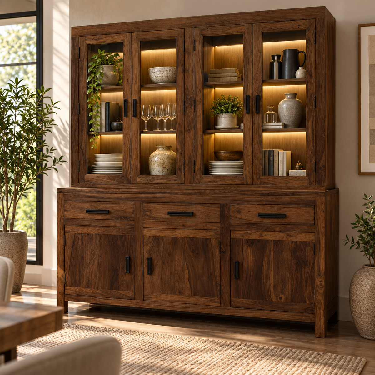 Solid Marandi Wood Crockery Cabinet with 4 Glass Doors, 3 Drawers, Closed Storage and Shelves for Dining & Living Room