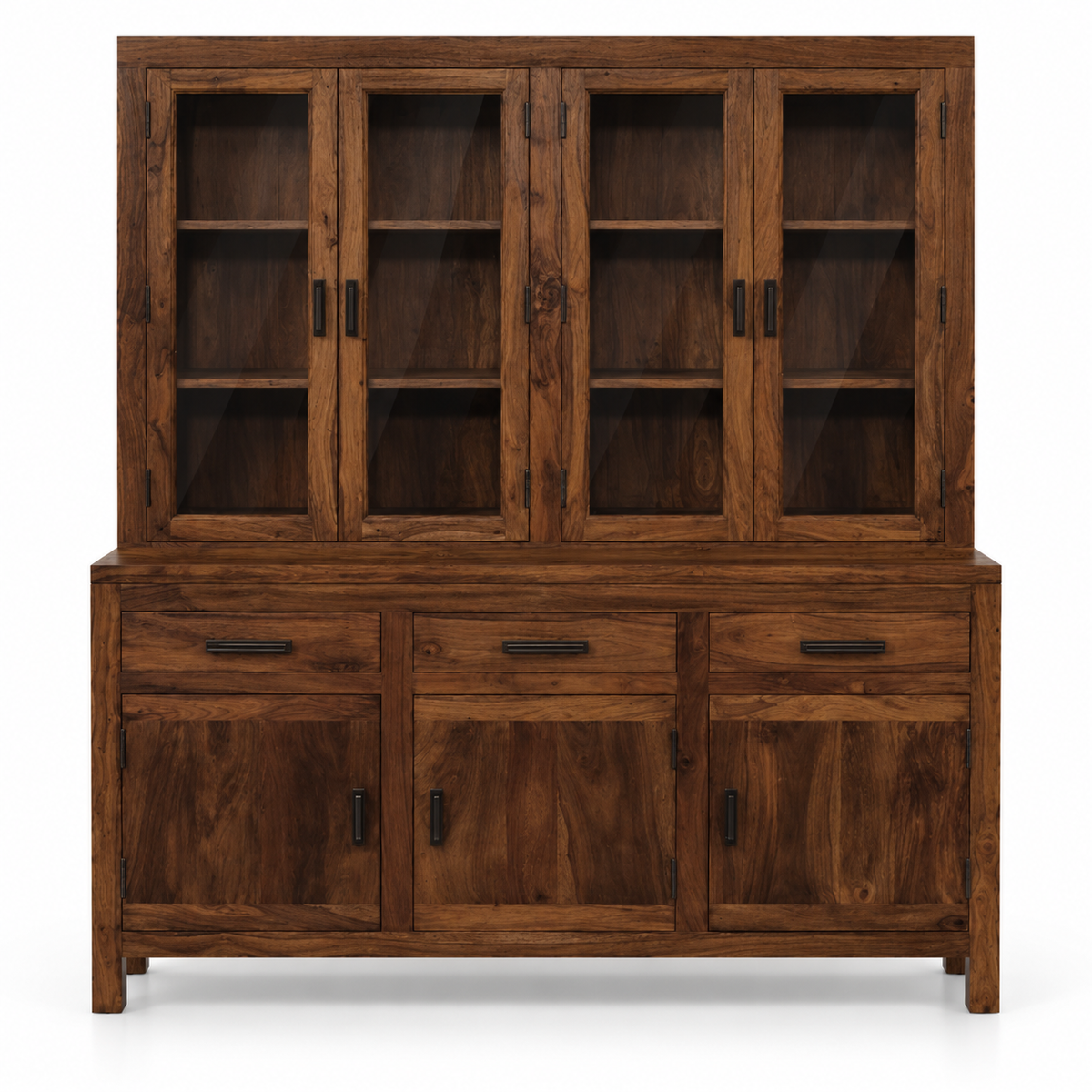 Solid Marandi Wood Crockery Cabinet with 4 Glass Doors, 3 Drawers, Closed Storage and Shelves for Dining & Living Room