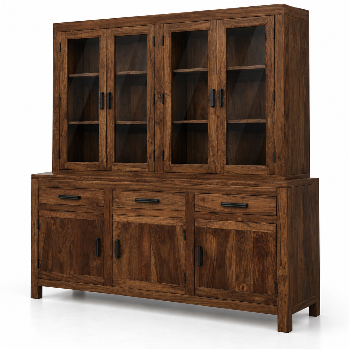 Solid Marandi Wood Crockery Cabinet with 4 Glass Doors, 3 Drawers, Closed Storage and Shelves for Dining & Living Room