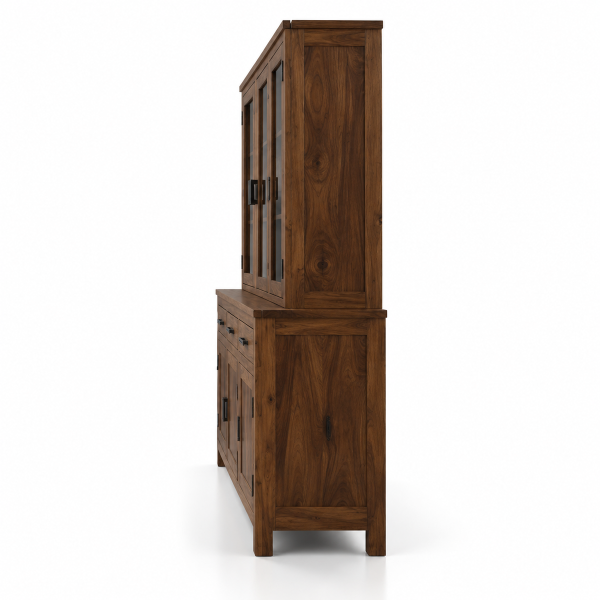 Solid Marandi Wood Crockery Cabinet with 4 Glass Doors, 3 Drawers, Closed Storage and Shelves for Dining & Living Room