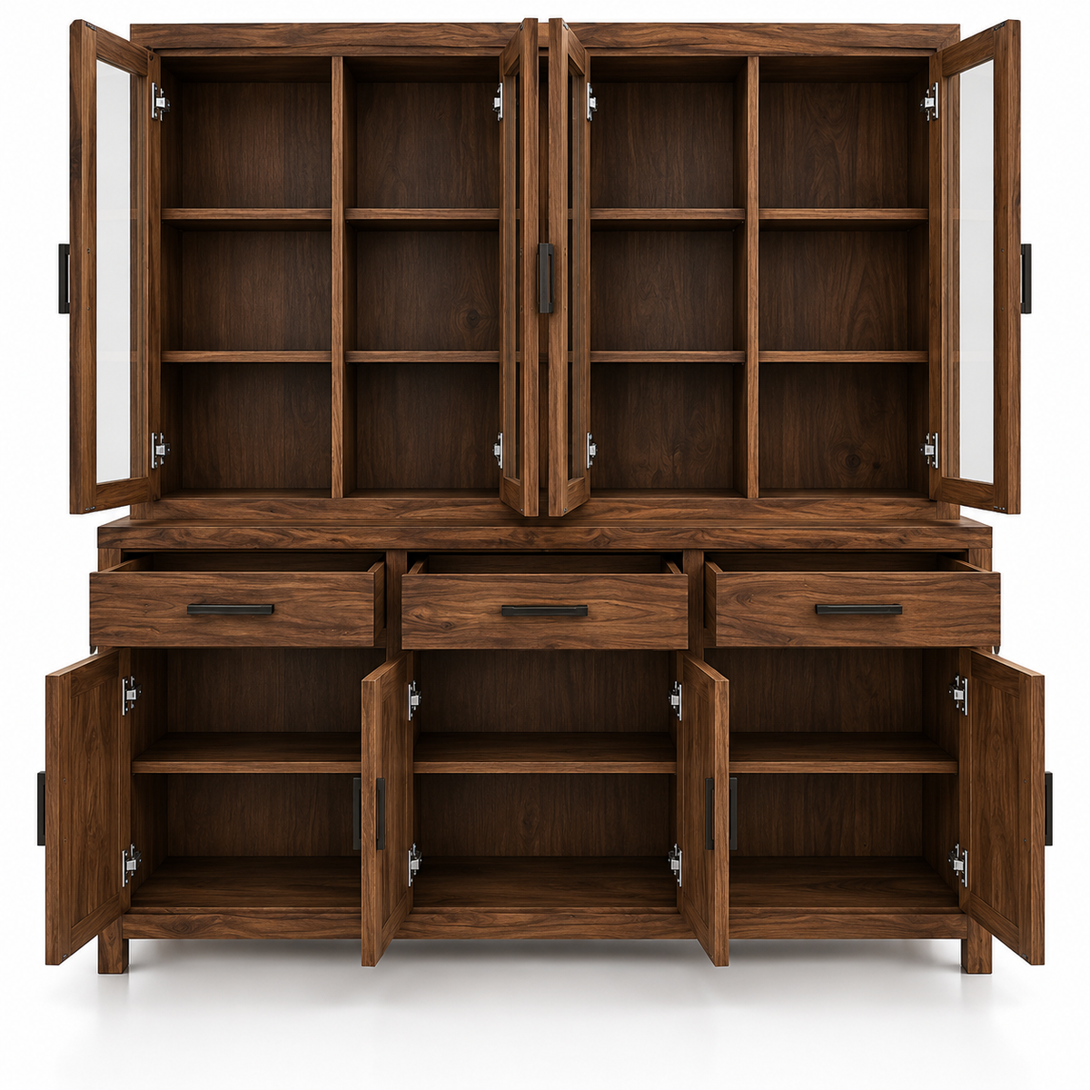 Solid Marandi Wood Crockery Cabinet with 4 Glass Doors, 3 Drawers, Closed Storage and Shelves for Dining & Living Room