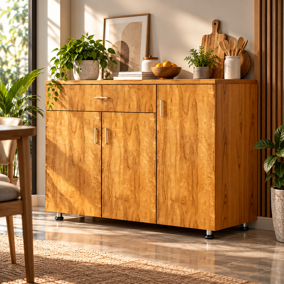 Modern Engineered Wood Sideboard Cabinet with 3 Doors, 1 Drawer, Closed Storage and Natural Wood Finish for Home & Dining