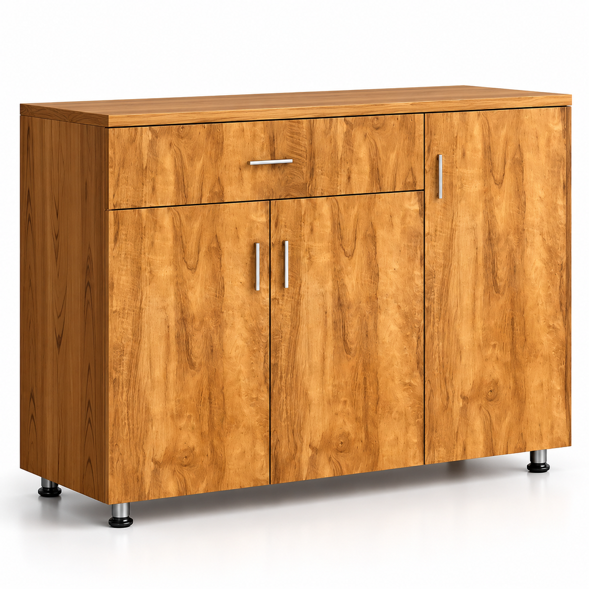 Modern Engineered Wood Sideboard Cabinet with 3 Doors, 1 Drawer, Closed Storage and Natural Wood Finish for Home & Dining