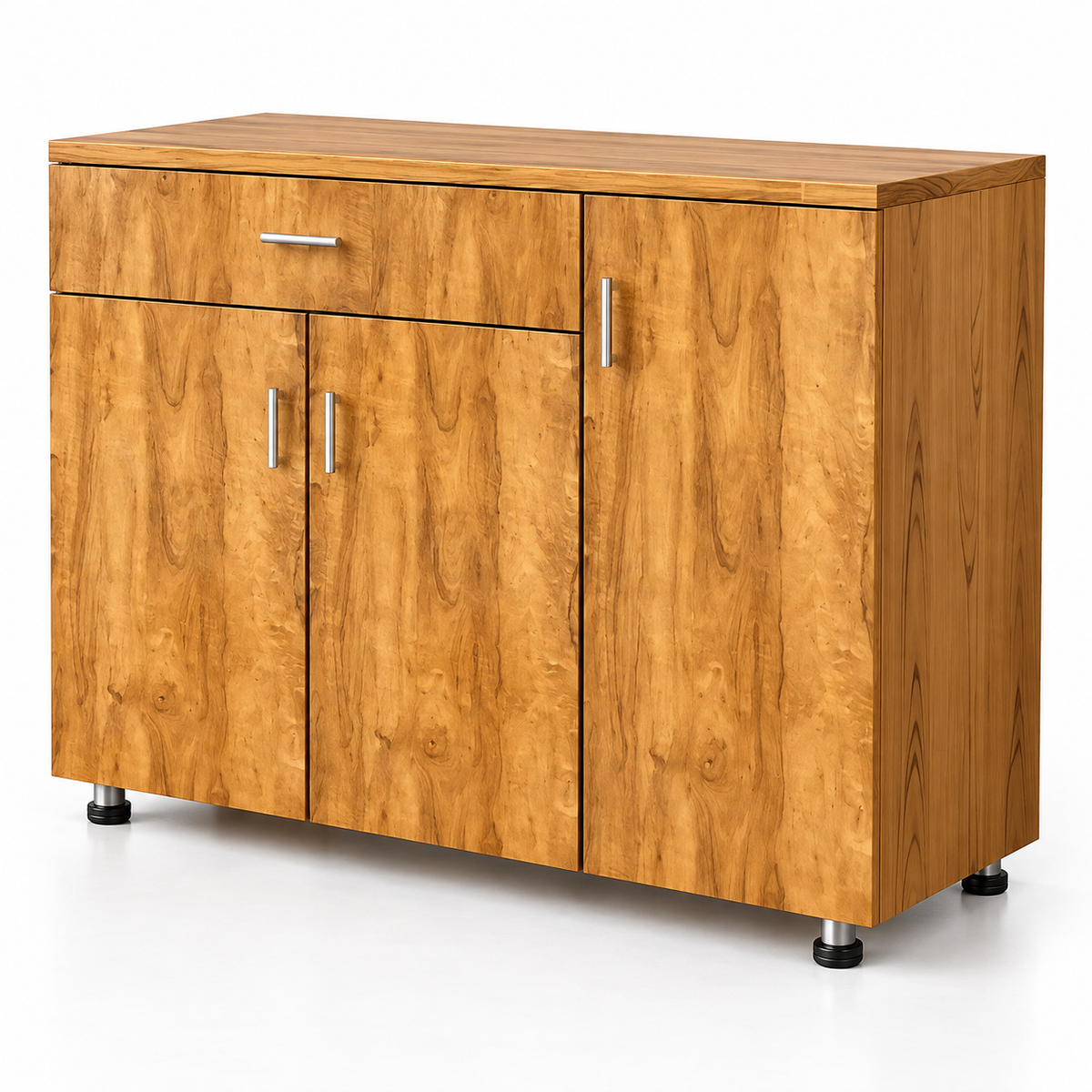 Modern Engineered Wood Sideboard Cabinet with 3 Doors, 1 Drawer, Closed Storage and Natural Wood Finish for Home & Dining