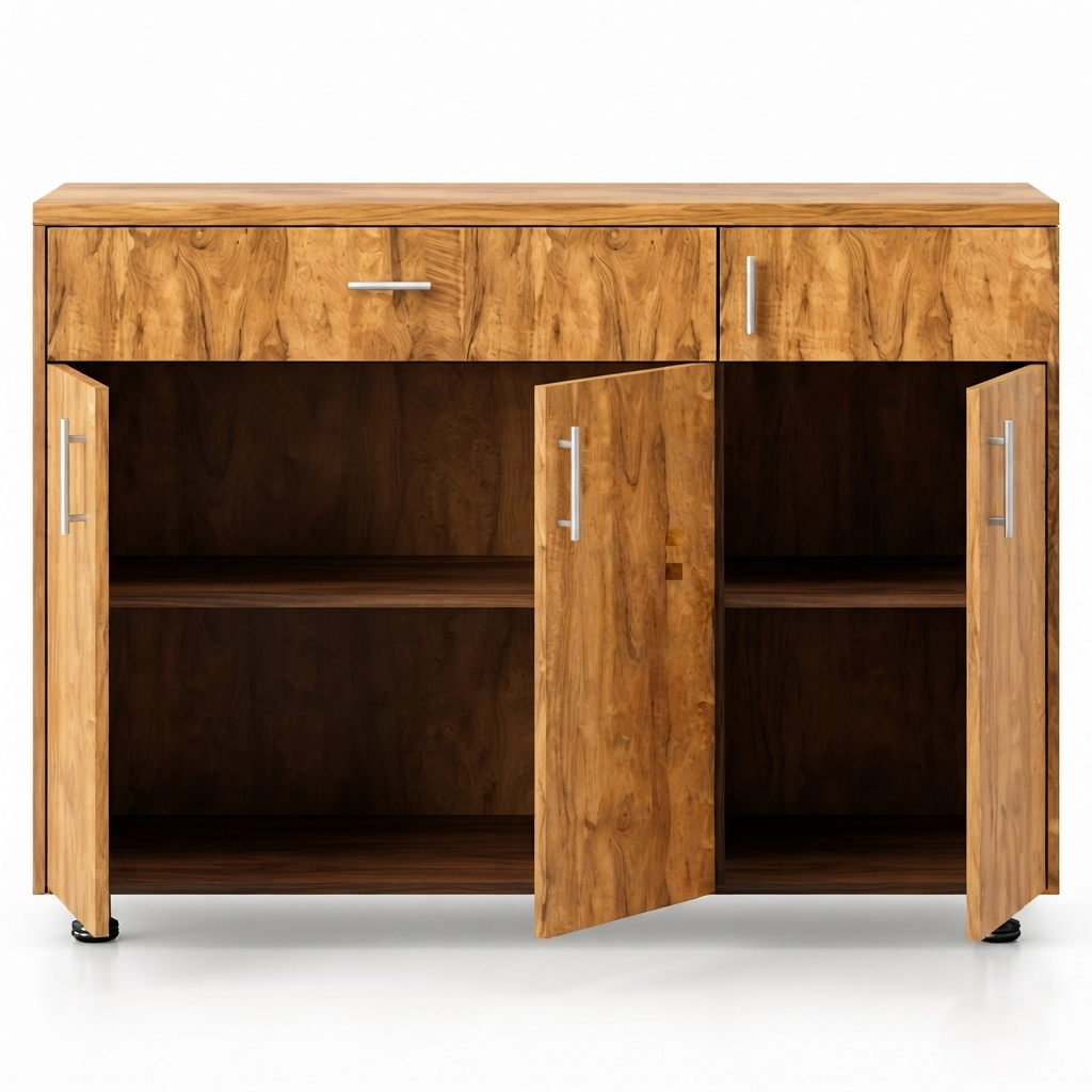 Modern Engineered Wood Sideboard Cabinet with 3 Doors, 1 Drawer, Closed Storage and Natural Wood Finish for Home & Dining