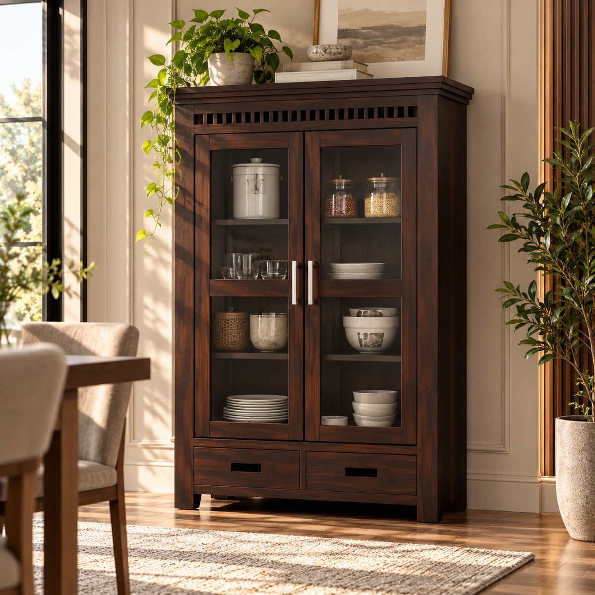 Solid Teak Wood Crockery Cabinet with 2 Glass Doors, 2 Drawers, Display Shelves and Dark Wood Finish for Dining & Living Room