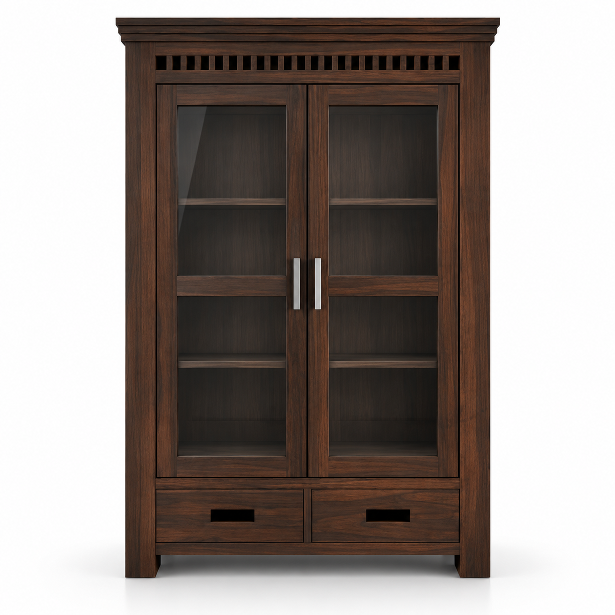 Solid Teak Wood Crockery Cabinet with 2 Glass Doors, 2 Drawers, Display Shelves and Dark Wood Finish for Dining & Living Room