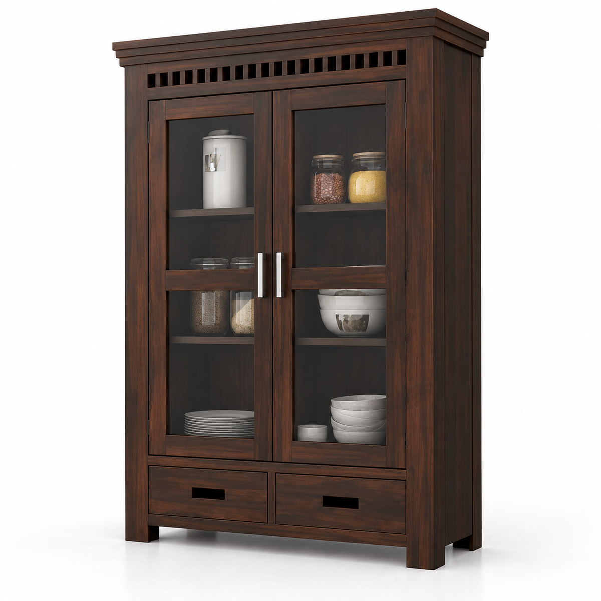 Solid Teak Wood Crockery Cabinet with 2 Glass Doors, 2 Drawers, Display Shelves and Dark Wood Finish for Dining & Living Room