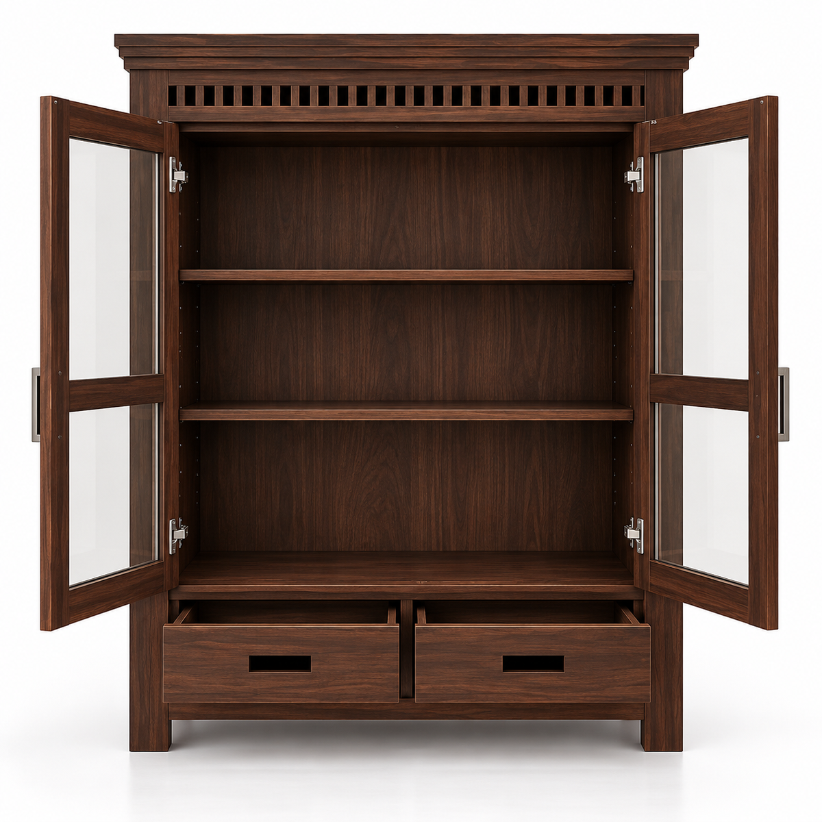 Solid Teak Wood Crockery Cabinet with 2 Glass Doors, 2 Drawers, Display Shelves and Dark Wood Finish for Dining & Living Room