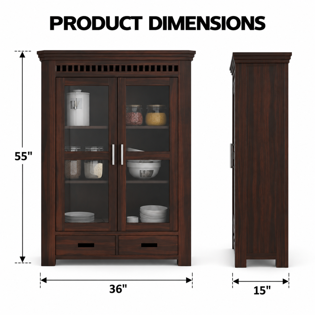 Solid Teak Wood Crockery Cabinet with 2 Glass Doors, 2 Drawers, Display Shelves and Dark Wood Finish for Dining & Living Room