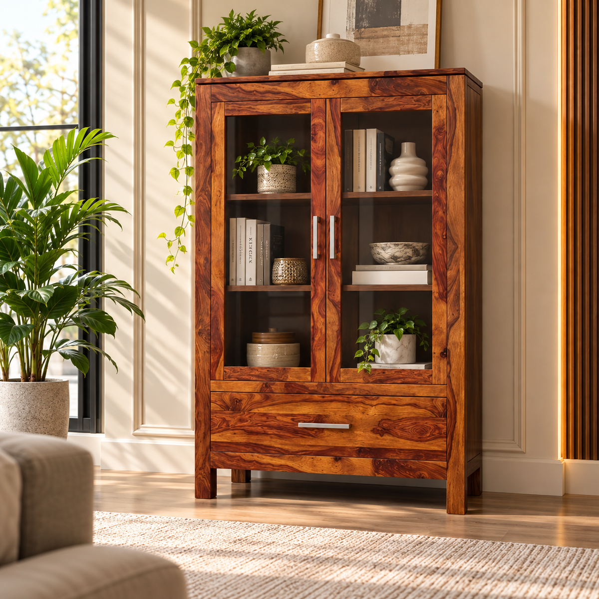 Solid Teak Wood Crockery Cabinet with 2 Glass Doors, Display Shelves, Large Drawer and Natural Wood Finish for Dining Room