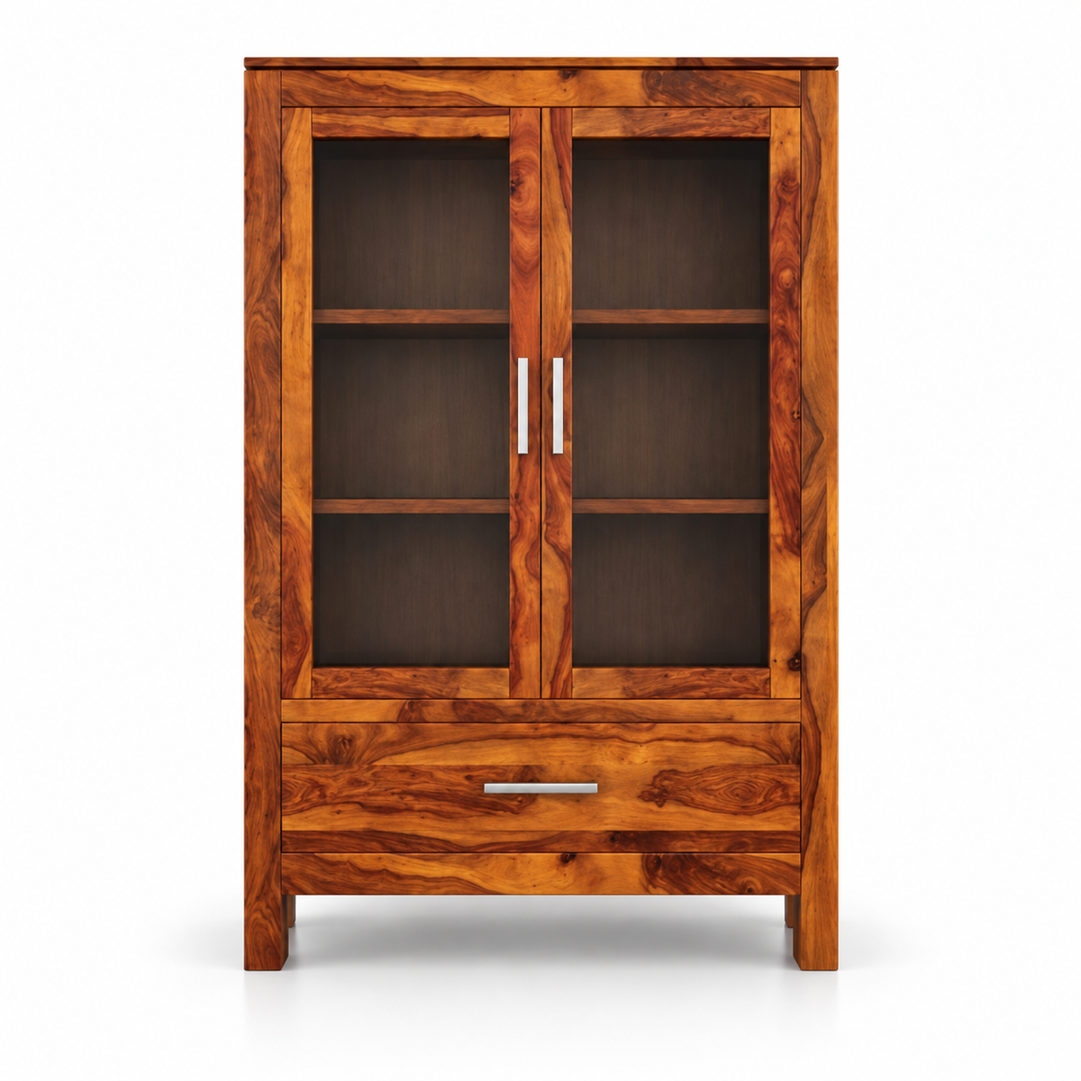 Solid Teak Wood Crockery Cabinet with 2 Glass Doors, Display Shelves, Large Drawer and Natural Wood Finish for Dining Room