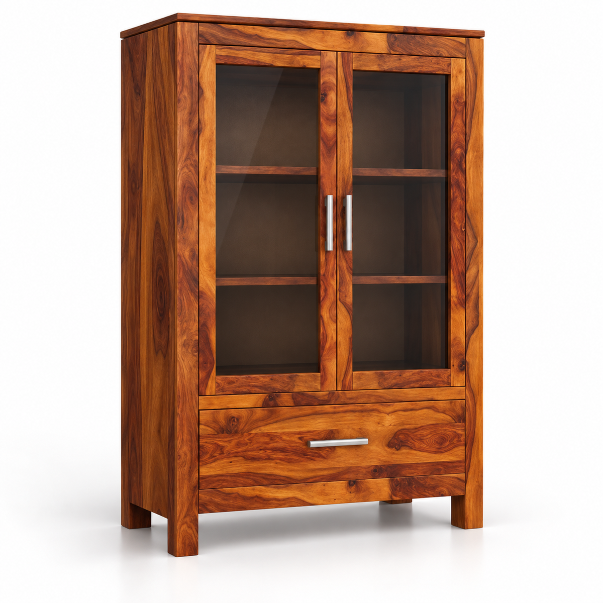 Solid Teak Wood Crockery Cabinet with 2 Glass Doors, Display Shelves, Large Drawer and Natural Wood Finish for Dining Room