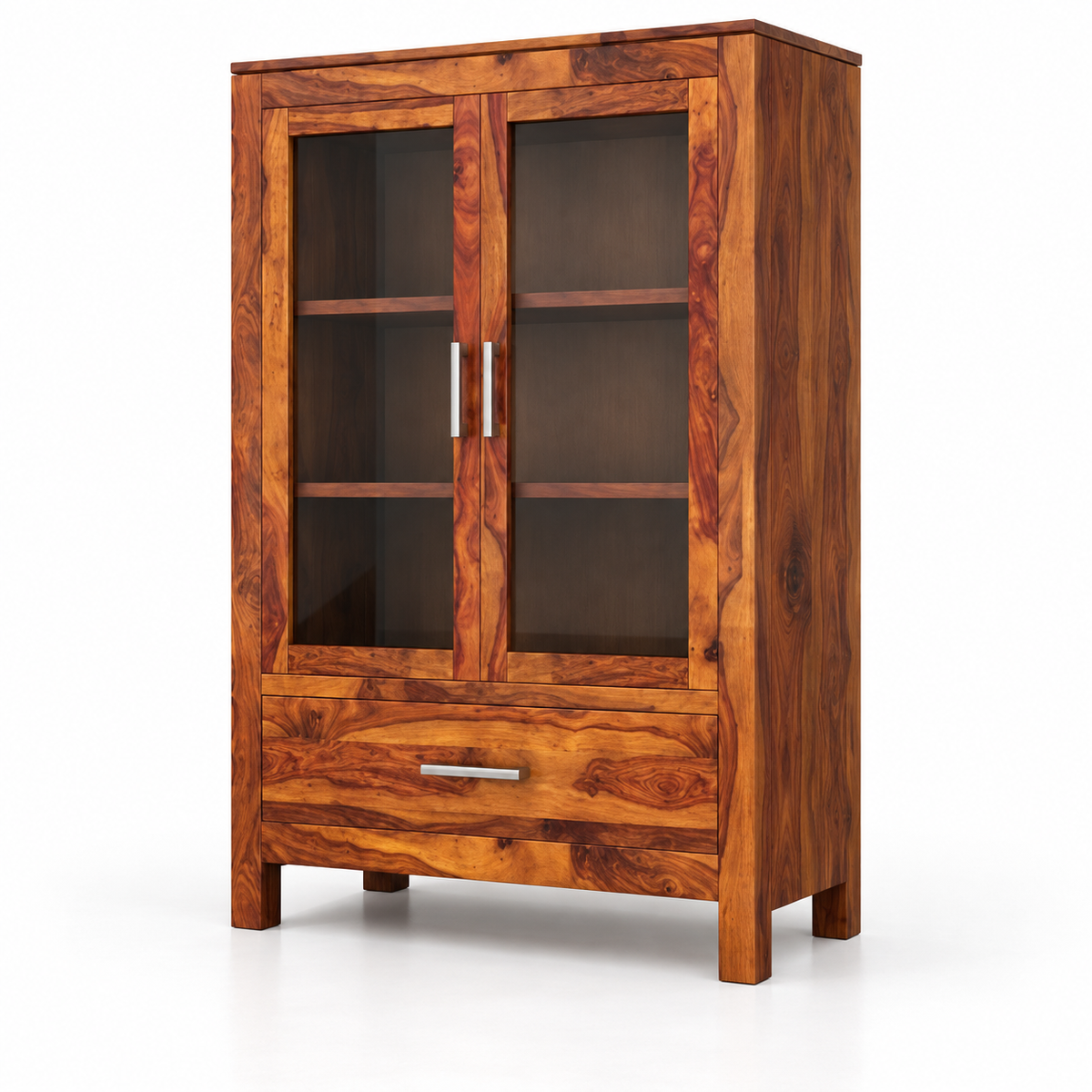Solid Teak Wood Crockery Cabinet with 2 Glass Doors, Display Shelves, Large Drawer and Natural Wood Finish for Dining Room