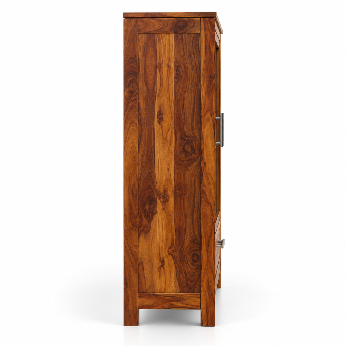 Solid Teak Wood Crockery Cabinet with 2 Glass Doors, Display Shelves, Large Drawer and Natural Wood Finish for Dining Room