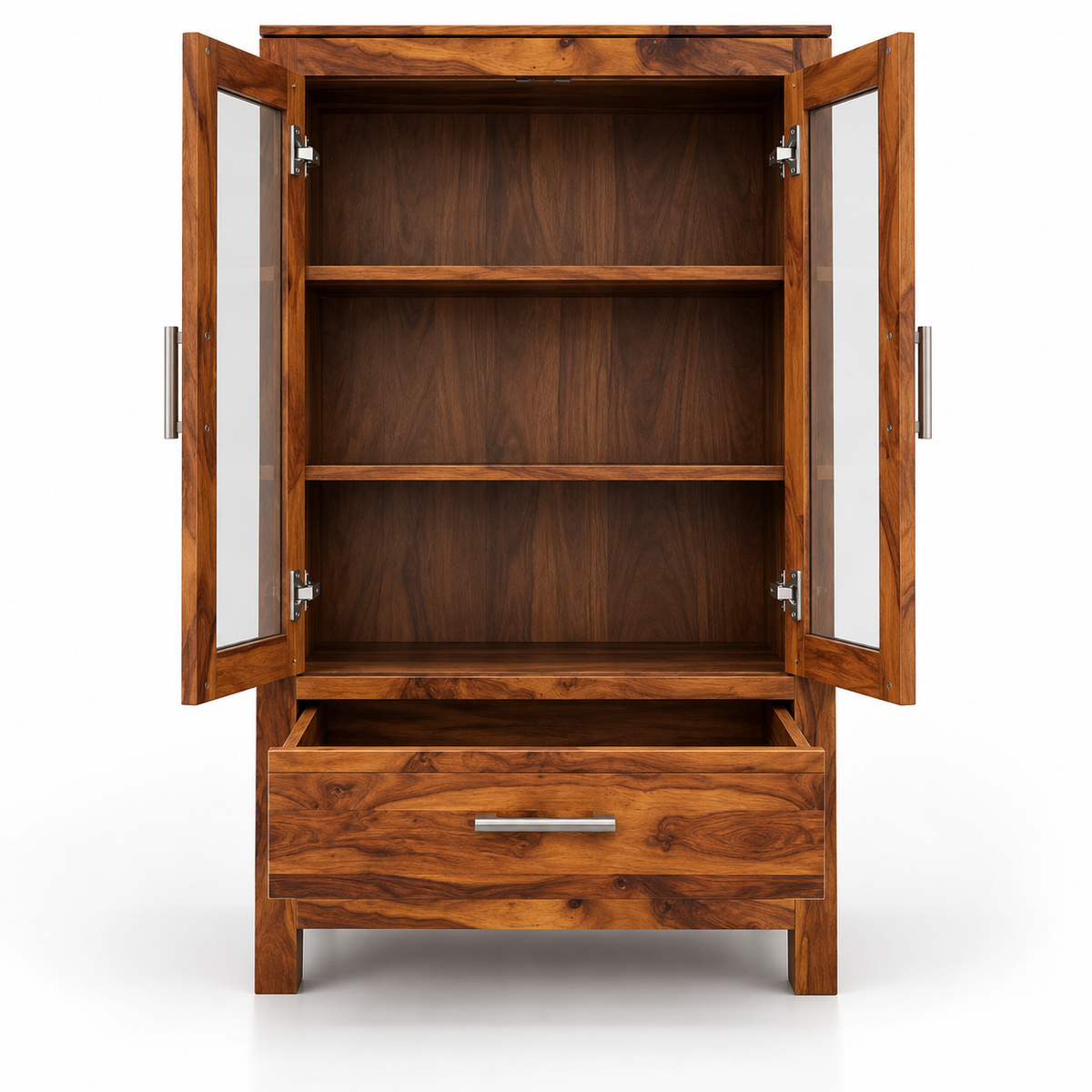 Solid Teak Wood Crockery Cabinet with 2 Glass Doors, Display Shelves, Large Drawer and Natural Wood Finish for Dining Room