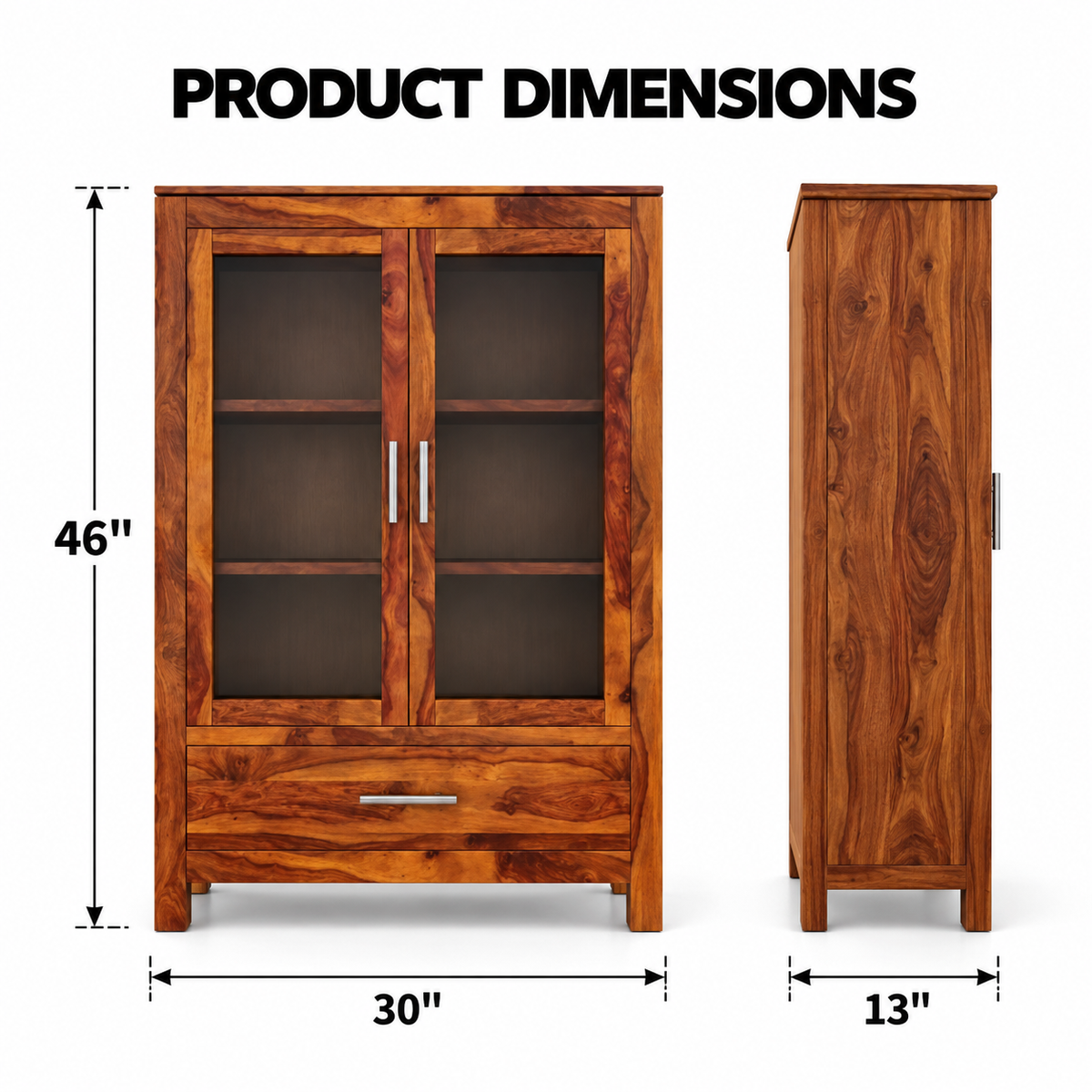 Solid Teak Wood Crockery Cabinet with 2 Glass Doors, Display Shelves, Large Drawer and Natural Wood Finish for Dining Room