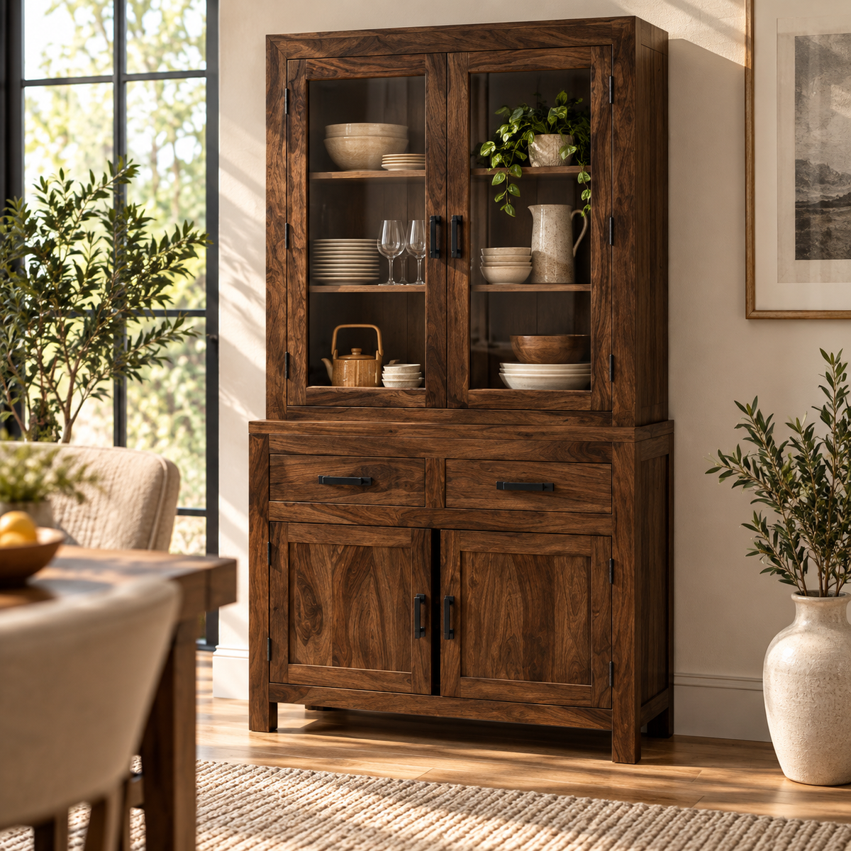 Solid Teak Wood Crockery Cabinet with 2 Glass Doors, 2 Drawers, Closed Storage and Display Shelves for Dining & Living Room
