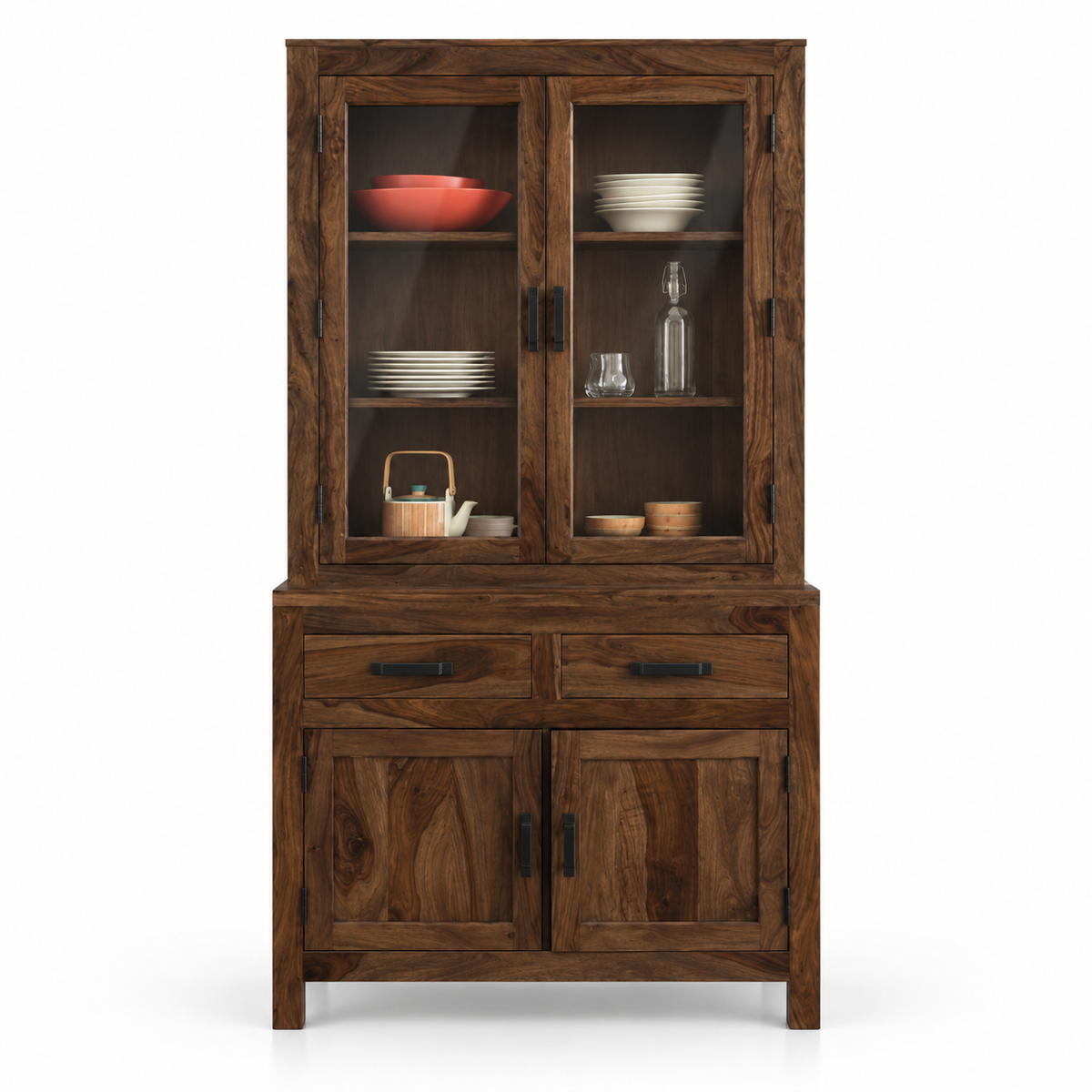 Solid Teak Wood Crockery Cabinet with 2 Glass Doors, 2 Drawers, Closed Storage and Display Shelves for Dining & Living Room
