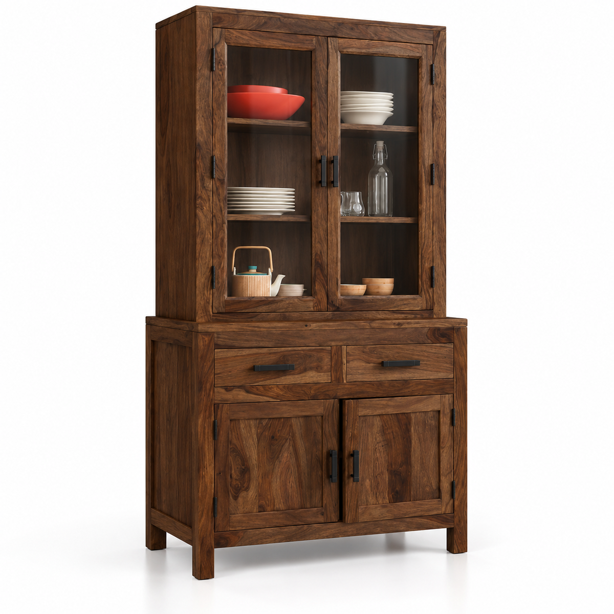 Solid Teak Wood Crockery Cabinet with 2 Glass Doors, 2 Drawers, Closed Storage and Display Shelves for Dining & Living Room