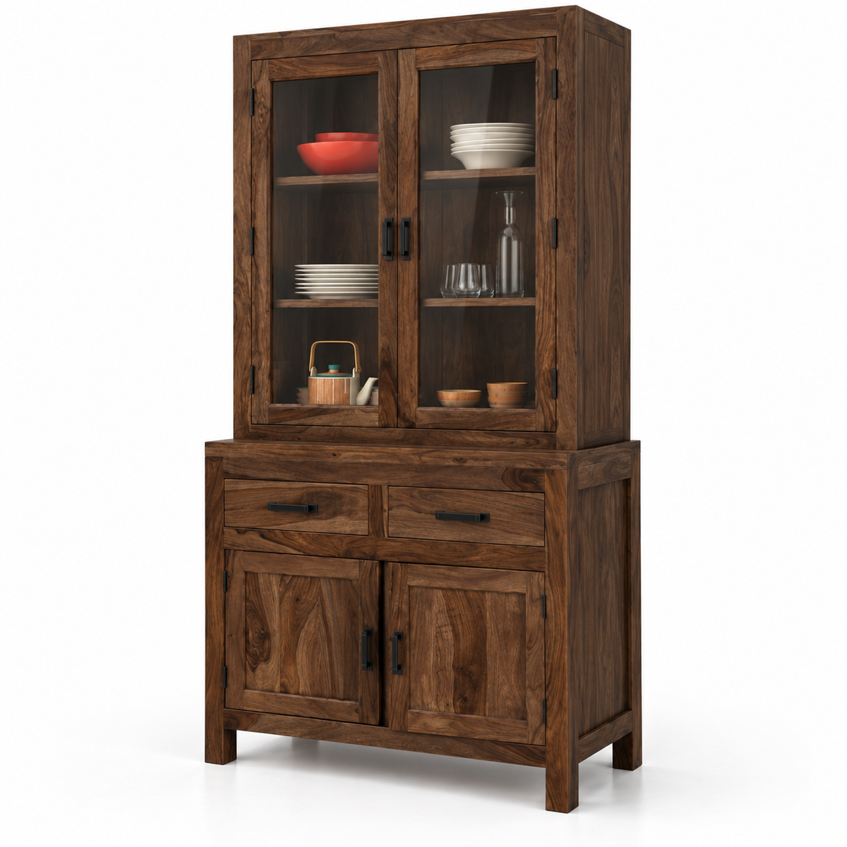 Solid Teak Wood Crockery Cabinet with 2 Glass Doors, 2 Drawers, Closed Storage and Display Shelves for Dining & Living Room