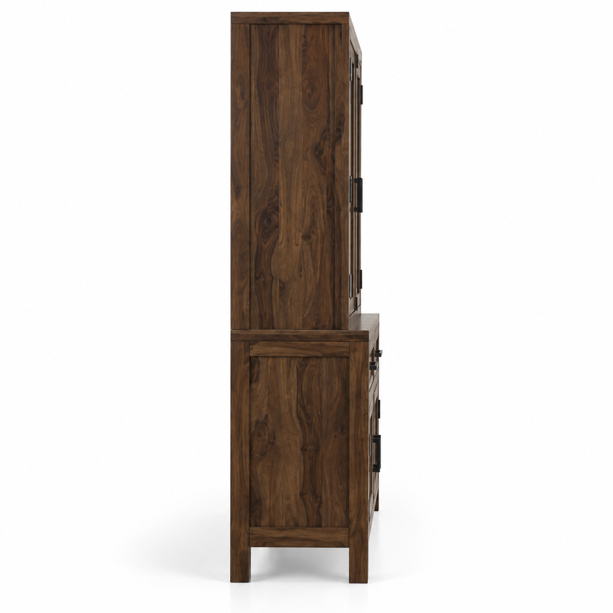 Solid Teak Wood Crockery Cabinet with 2 Glass Doors, 2 Drawers, Closed Storage and Display Shelves for Dining & Living Room