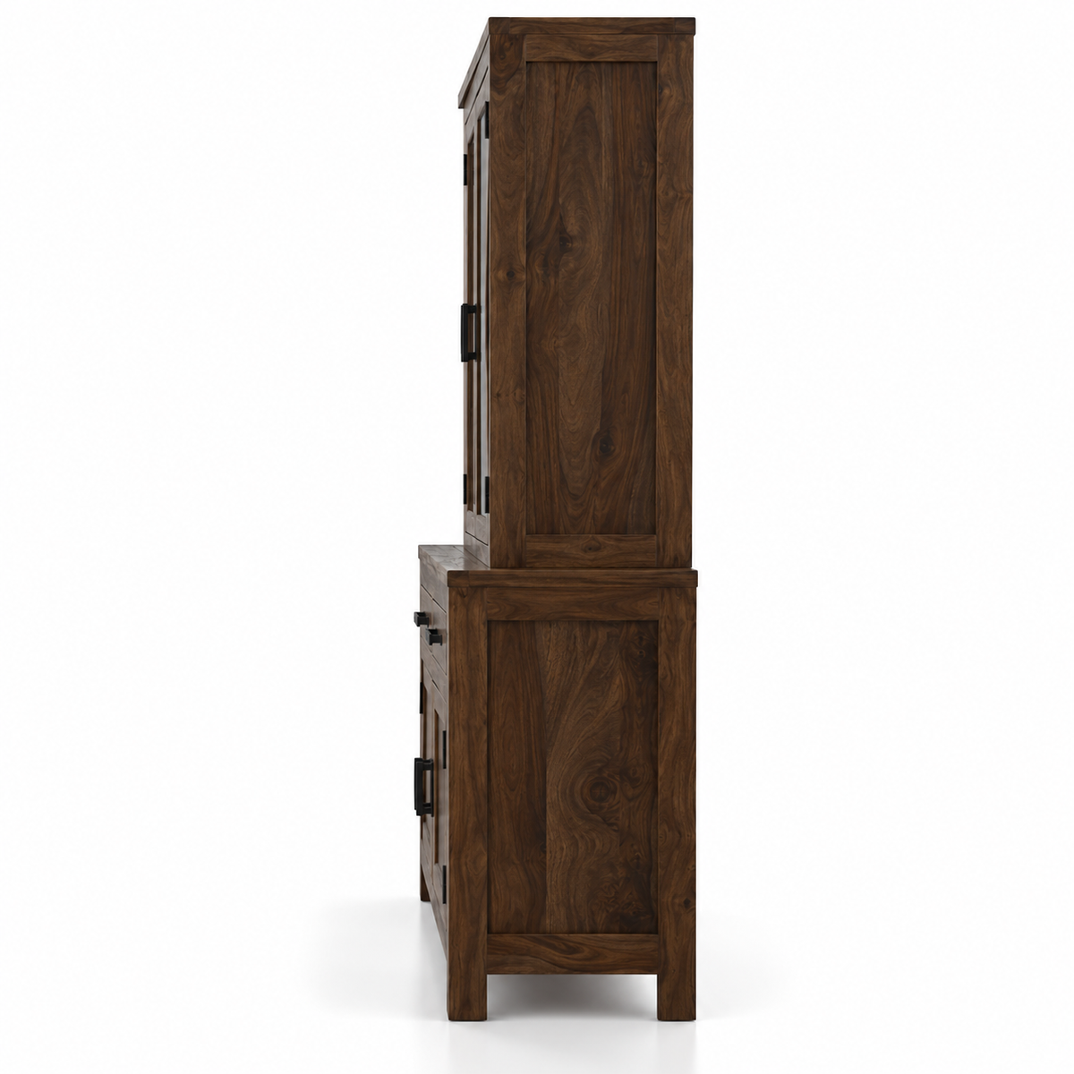 Solid Teak Wood Crockery Cabinet with 2 Glass Doors, 2 Drawers, Closed Storage and Display Shelves for Dining & Living Room