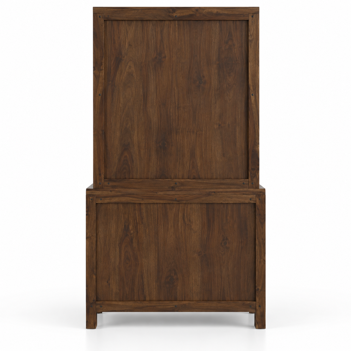 Solid Teak Wood Crockery Cabinet with 2 Glass Doors, 2 Drawers, Closed Storage and Display Shelves for Dining & Living Room