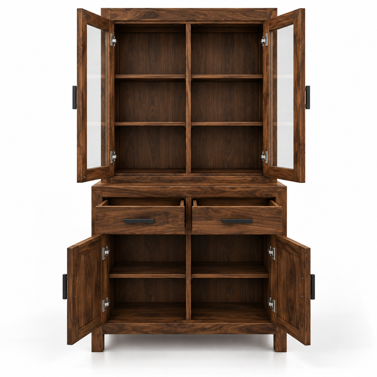 Solid Teak Wood Crockery Cabinet with 2 Glass Doors, 2 Drawers, Closed Storage and Display Shelves for Dining & Living Room
