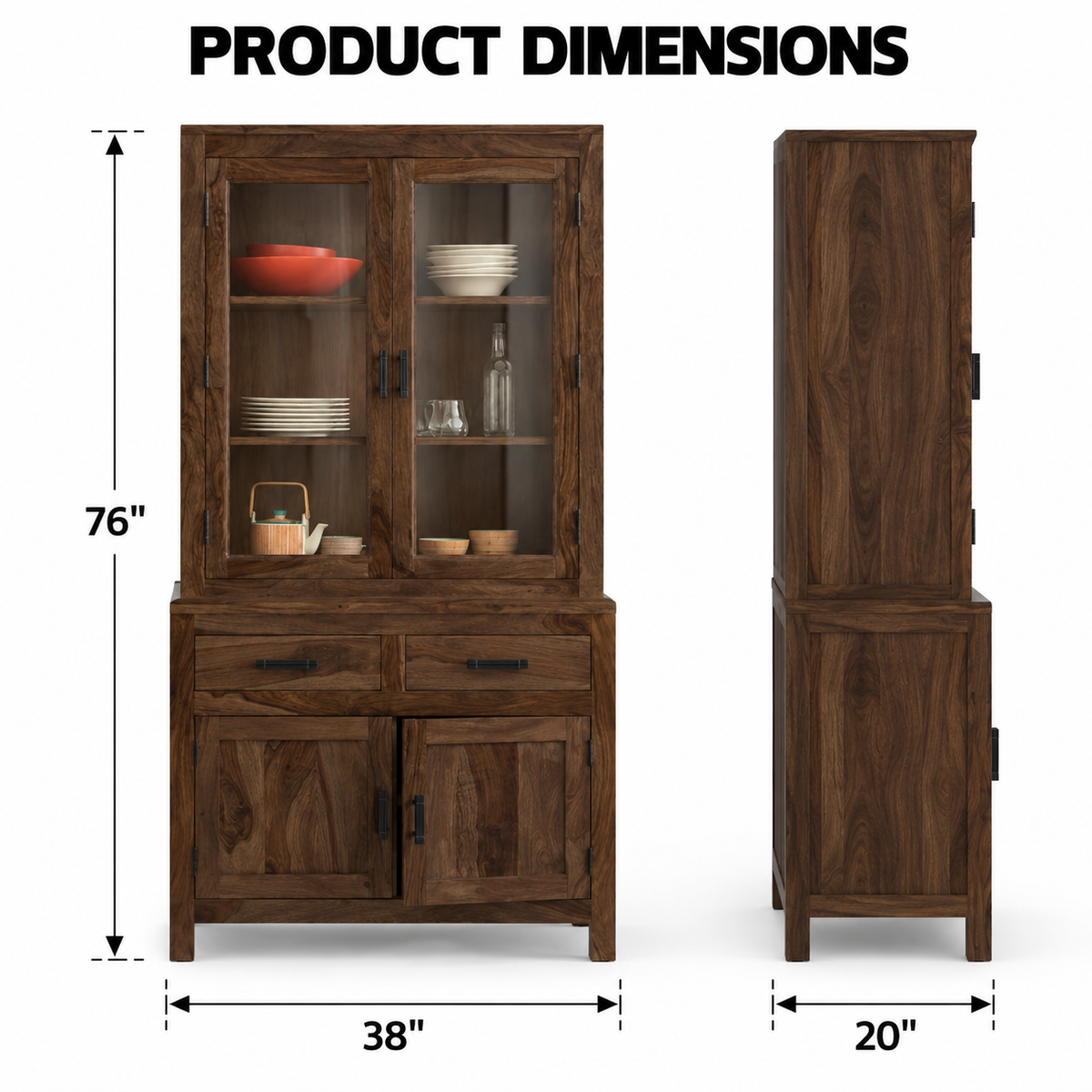 Solid Teak Wood Crockery Cabinet with 2 Glass Doors, 2 Drawers, Closed Storage and Display Shelves for Dining & Living Room