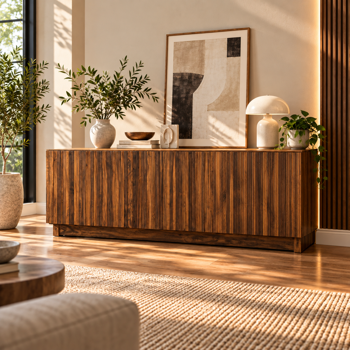 Solid Teak Wood Sideboard Cabinet with Slatted Front, Closed Storage, Inner Shelves and Natural Wood Finish for Living & Dining Room