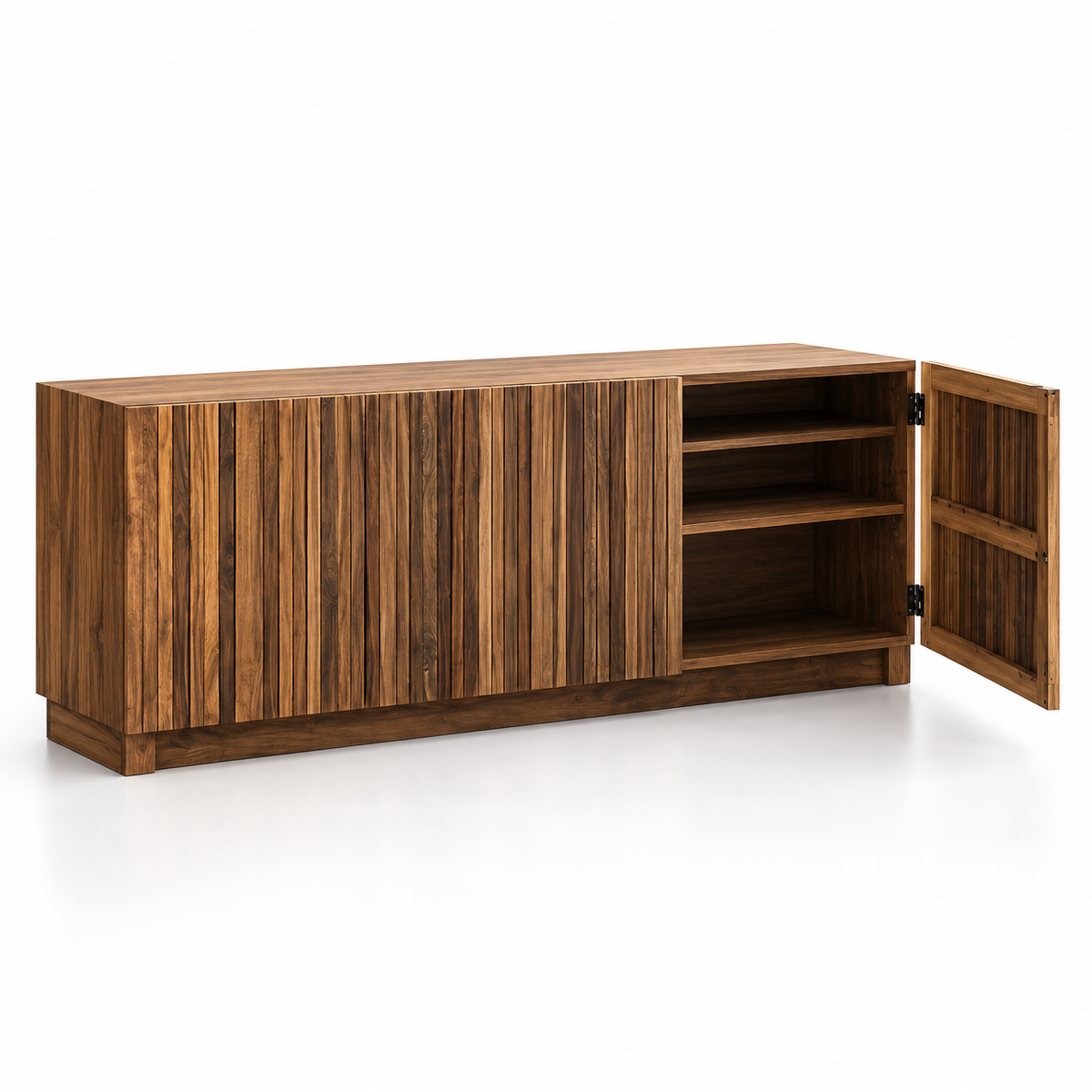 Solid Teak Wood Sideboard Cabinet with Slatted Front, Closed Storage, Inner Shelves and Natural Wood Finish for Living & Dining Room
