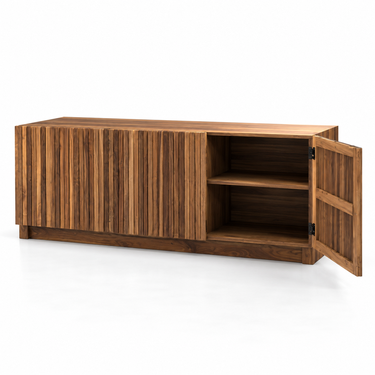 Solid Teak Wood Sideboard Cabinet with Slatted Front, Closed Storage, Inner Shelves and Natural Wood Finish for Living & Dining Room