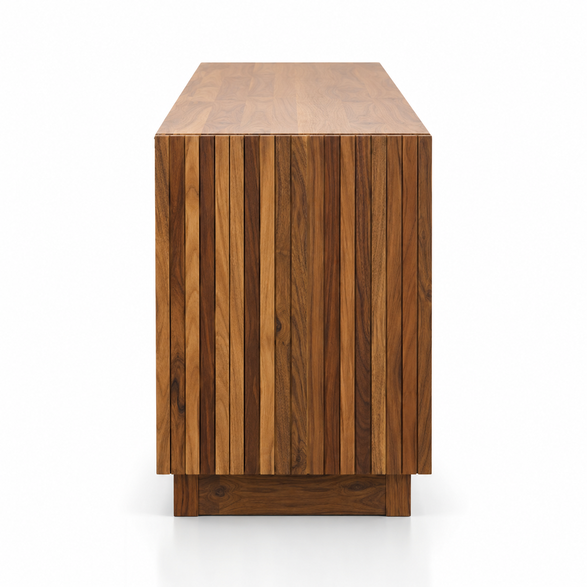 Solid Teak Wood Sideboard Cabinet with Slatted Front, Closed Storage, Inner Shelves and Natural Wood Finish for Living & Dining Room