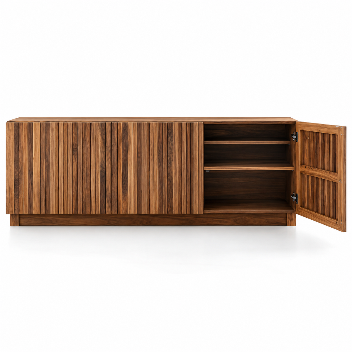 Solid Teak Wood Sideboard Cabinet with Slatted Front, Closed Storage, Inner Shelves and Natural Wood Finish for Living & Dining Room